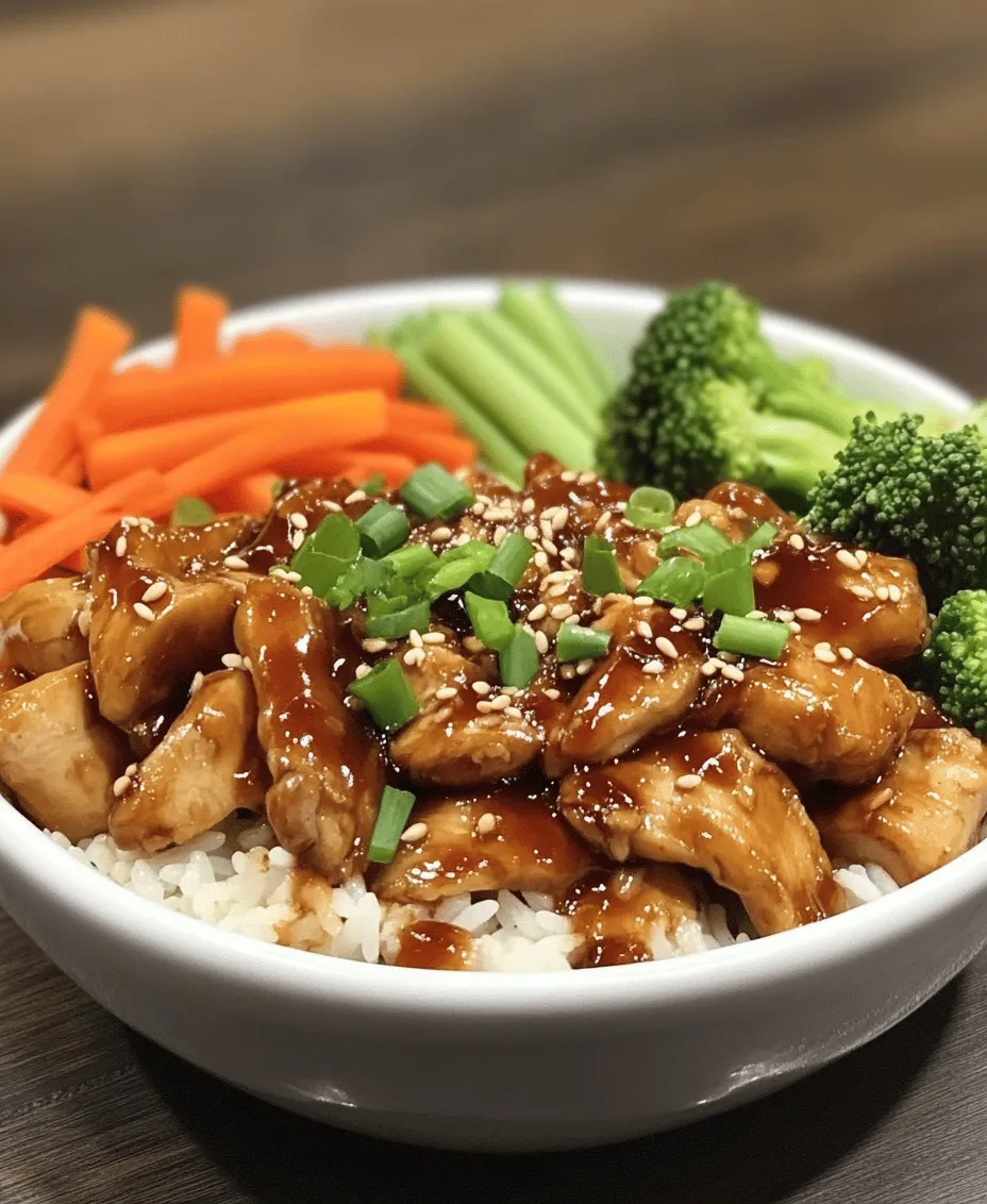 <strong>Origins of Teriyaki in Japanese Cuisine</strong>” /></p>
</p>
<h2>Cooking the Chicken</h2>
</p>
<h3>Ideal Cooking Techniques for Tender Chicken</h3>
</p>
<p>To achieve tender and juicy chicken in your Teriyaki Chicken Rice Bowl, the cooking technique you choose plays a crucial role. The two most effective methods are pan-searing and grilling. Both techniques allow for a quick cooking time, which helps maintain the chicken’s moisture.</p>
</p>
<p>1. <strong>Pan-Searing</strong>: Start by heating a tablespoon of oil in a non-stick skillet over medium-high heat. Season the chicken pieces with salt and pepper. Once the oil is shimmering, add the chicken in a single layer, ensuring not to overcrowd the pan. Cook for about 5-7 minutes on one side without moving them. Flip and cook for an additional 5-7 minutes until the internal temperature reaches 165°F (75°C). This method creates a beautiful golden crust while keeping the inside tender.</p>
</p>
<p>2. <strong>Grilling</strong>: If you’re in the mood for a smoky flavor, grilling is the way to go. Preheat your grill to medium-high heat and oil the grates to prevent sticking. Season the chicken as you would for pan-searing. Grill the chicken for about 6-8 minutes per side, depending on thickness. Use a meat thermometer to ensure doneness. Grilling also provides those lovely char marks that enhance the dish’s presentation.</p>
</p>
<h3>How to Achieve the Perfect Glaze with Teriyaki Sauce</h3>
</p>
<p>The glazing process is vital for infusing the chicken with the signature sweet and savory flavors of teriyaki. Here’s how to do it effectively:</p>
</p>
<p>1. <strong>Prepare Your Sauce</strong>: If you’re using store-bought teriyaki sauce, you can enhance its flavor by simmering it on low heat with a splash of rice vinegar and a sprinkle of sesame seeds for added depth. If you prefer homemade, combine soy sauce, mirin, sake, and sugar in a saucepan, and heat until the sugar dissolves.</p>
</p>
<p>2. <strong>Glazing Technique</strong>: Once your chicken is cooked through, reduce the heat to medium-low. Pour the teriyaki sauce over the chicken, allowing it to coat the pieces evenly. Let it simmer for a few minutes, turning the chicken occasionally to ensure every side is glazed. The sauce will thicken slightly, creating a delicious sticky coating that will elevate your rice bowl.</p>
</p>
<h2>Stir-Frying the Vegetables</h2>
</p>
<h3>Techniques for Maintaining Texture and Color</h3>
</p>
<p>Stir-frying is an efficient way to cook vegetables while preserving their crunch and vibrant colors. Here are some essential tips to achieve the best results:</p>
</p>
<p>1. <strong>High Heat</strong>: Always preheat your wok or skillet before adding the vegetables. High heat ensures that the vegetables cook quickly, preventing them from becoming soggy.</p>
</p>
<p>2. <strong>Cut Uniformly</strong>: Chop your vegetables into uniform pieces to ensure even cooking. For example, slice bell peppers and zucchinis into similar-sized strips.</p>
</p>
<p>3. <strong>Cook in Batches</strong>: If you have a lot of vegetables, consider cooking them in batches. This prevents overcrowding in the pan, allowing the veggies to sear rather than steam.</p>
</p>
<h3>Flavor Pairing: Which Vegetables Work Best</h3>
</p>
<p>The beauty of a Teriyaki Chicken Rice Bowl lies in its versatility. Here are some vegetables that complement the dish beautifully:</p>
</p>
<p>– <strong>Broccoli</strong>: Adds a nice crunch and absorbs teriyaki flavor well.</p>
<p>– <strong>Carrots</strong>: Their sweetness enhances the overall flavor profile.</p>
<p>– <strong>Bell Peppers</strong>: Provide color and a slight sweetness.</p>
<p>– <strong>Snow Peas or Sugar Snap Peas</strong>: Their snap adds texture and freshness.</p>
<p>– <strong>Mushrooms</strong>: Shiitake or button mushrooms add umami and depth to the dish.</p>
</p>
<p>Feel free to mix and match based on your preference and seasonal availability.</p>
</p>
<h2>Assembling the Rice Bowl</h2>
</p>
<h3>Tips for Layering Flavors and Textures</h3>
</p>
<p>The assembly of your Teriyaki Chicken Rice Bowl is critical for a delightful dining experience. Here are tips to ensure each bite is bursting with flavor:</p>
</p>
<p>1. <strong>Start with Rice</strong>: Use a base of steamed white rice, brown rice, or even cauliflower rice for a healthier option. Spread it evenly at the bottom of your bowl.</p>
</p>
<p>2. <strong>Layer the Chicken</strong>: Once your chicken is glazed to perfection, place it on top of the rice. This allows the sauce to seep into the rice, enhancing flavor.</p>
</p>
<p>3. <strong>Add Vegetables</strong>: Arrange your stir-fried vegetables around the chicken, providing visual appeal and a variety of textures.</p>
</p>
<p>4. <strong>Finishing Touches</strong>: Drizzle additional teriyaki sauce over the top for an extra flavor boost. You can also sprinkle sesame seeds and sliced green onions for garnish.</p>
</p>
<h3>Creative Ways to Serve and Present the Dish</h3>
</p>
<p>Presentation is key in making your Teriyaki Chicken Rice Bowl visually appealing. Here are some creative serving ideas:</p>
</p>
<p>– <strong>Bento Style</strong>: Serve in a divided bento box for a fun and portable meal option.</p>
<p>– <strong>Layered Bowls</strong>: Use clear glass bowls to showcase the colorful layers of rice, chicken, and vegetables.</p>
<p>– <strong>Build-Your-Own Bowl</strong>: Set up a DIY station where everyone can assemble their bowls, allowing for customization and interaction.</p>
</p>
<h2>Customization Options for Your Teriyaki Chicken Rice Bowl</h2>
</p>
<h3>Exploring Add-Ons and Variations</h3>
</p>
<p>The Teriyaki Chicken Rice Bowl is highly customizable, making it perfect for accommodating different dietary preferences and seasonal ingredients.</p>
</p>
<h4>Alternative Proteins: Tofu, Salmon, or Beef</h4>
</p>
<p>If you’re looking to switch things up, consider these protein alternatives:</p>
</p>
<p>– <strong>Tofu</strong>: For a plant-based option, marinate and grill or sauté tofu cubes until golden brown. Tofu absorbs flavors well, making it an excellent substitute.</p>
<p>– <strong>Salmon</strong>: A rich alternative, salmon can be grilled or baked with teriyaki sauce, providing a healthy dose of omega-3 fatty acids.</p>
<p>– <strong>Beef</strong>: Thinly sliced beef can be marinated in teriyaki sauce and quickly stir-fried for a heartier bowl.</p>
</p>
<h4>Seasonal Vegetables to Include</h4>
</p>
<p>Make your rice bowl unique by incorporating seasonal vegetables. In spring, consider using asparagus or peas; in summer, opt for zucchini and corn; in fall, root vegetables like sweet potatoes work wonderfully.</p>
</p>
<h4>Vegan and Gluten-Free Adaptations</h4>
</p>
<p>To make this dish vegan, substitute chicken with marinated tempeh or mushrooms. For a gluten-free version, ensure you use gluten-free soy sauce or tamari in your teriyaki sauce.</p>
</p>
<h3>Flavor Enhancements</h3>
</p>
<h4>Adding Spice: Incorporating Chili or Sriracha</h4>
</p>
<p>For those who enjoy a bit of heat, consider adding chili flakes, fresh sliced chilies, or a drizzle of Sriracha over your rice bowl. This spice will contrast beautifully with the sweetness of the teriyaki sauce, creating a balanced flavor profile.</p>
</p>
<h4>Unique Sauces to Drizzle Over the Bowl</h4>
</p>
<p>Experiment with different sauces to elevate your Teriyaki Chicken Rice Bowl. Consider a drizzle of:</p>
</p>
<p>– <strong>Gochujang</strong>: A Korean chili paste that adds depth and heat.</p>
<p>– <strong>Peanut Sauce</strong>: For a creamy, nutty flavor that pairs well with chicken.</p>
<p>– <strong>Cilantro-Lime Dressing</strong>: A zesty option that adds freshness.</p>
</p>
<h2>Serving Suggestions and Pairings</h2>
</p>
<h3>Ideal Side Dishes and Drinks</h3>
</p>
<p>To create a well-rounded meal experience, consider serving your Teriyaki Chicken Rice Bowl with complementary side dishes and drinks.</p>
</p>
<h4>Complementary Asian Sides: Edamame, Seaweed Salad</h4>
</p>
<p>– <strong>Edamame</strong>: Lightly salted and served in their pods, edamame provides a protein-packed side that’s easy to prepare and delicious.</p>
<p>– <strong>Seaweed Salad</strong>: A refreshing and slightly tangy seaweed salad pairs well with the sweet flavors of the teriyaki.</p>
</p>
<h4>Beverage Pairings: Sake, Green Tea, or Asian-Inspired Cocktails</h4>
</p>
<p>For drinks, consider offering:</p>
</p>
<p>– <strong>Sake</strong>: The natural pairing with Japanese cuisine, sake’s subtle flavors enhance the dish.</p>
<p>– <strong>Green Tea</strong>: Light and refreshing, green tea cleanses the palate between bites.</p>
<p>– <strong>Asian-Inspired Cocktails</strong>: A ginger-infused cocktail or lychee martini can provide a delightful twist.</p>
</p>
<h3>Creating a Complete Meal Experience</h3>
</p>
<p>To elevate your Teriyaki Chicken Rice Bowl to a complete meal, consider these suggestions:</p>
</p>
<h4>Suggestions for Appetizers to Start Your Meal</h4>
</p>
<p>Kick off the meal with appetizers like:</p>
</p>
<p>– <strong>Spring Rolls</strong>: Fresh or fried, they offer a light and crunchy start.</p>
<p>– <strong>Miso Soup</strong>: A warm and comforting classic that prepares the palate for the main course.</p>
</p>
<h4>Desserts that Pair Well with Teriyaki Flavors</h4>
</p>
<p>Finish your meal on a sweet note with desserts that complement the teriyaki flavors:</p>
</p>
<p>– <strong>Mochi Ice Cream</strong>: A delightful and chewy treat that comes in various flavors.</p>
<p>– <strong>Green Tea Cheesecake</strong>: A creamy dessert with a hint of earthiness that harmonizes with your meal.</p>
</p>
<h2>Conclusion</h2>
</p>
<p>The Teriyaki Chicken Rice Bowl is not just a meal; it’s a culinary experience that combines cultural heritage with modern flavors. With simple ingredients and straightforward preparation, this dish offers a delightful balance of savory, sweet, and umami tastes. Whether enjoyed alone or as part of a larger gathering, this recipe promises satisfaction and nourishment. Embrace the joy of cooking and share this delicious bowl with loved ones, knowing it’s a dish that can be tailored to suit any palate or occasion. Enjoy your culinary adventure!</p>
<div id=