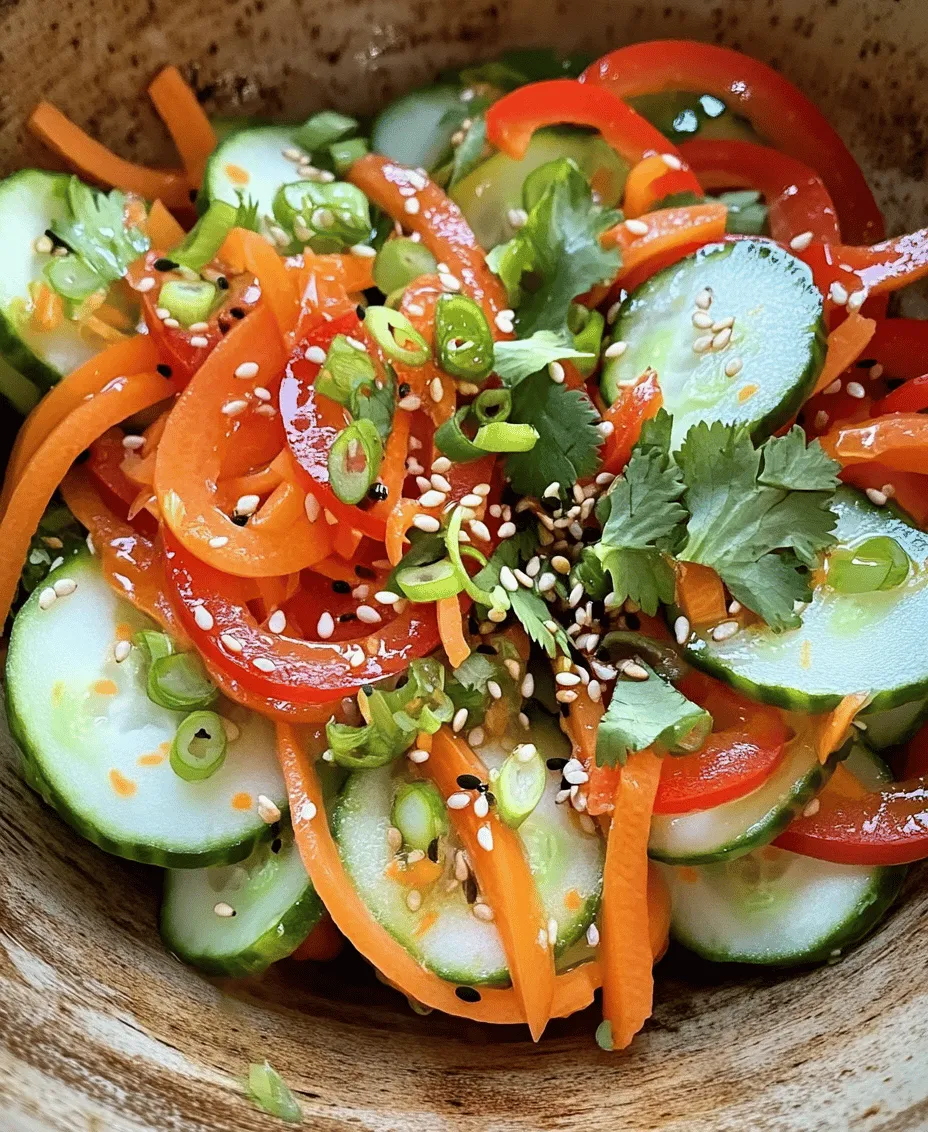 Cucumber salads are a staple in many Asian cuisines, celebrated for their refreshing taste and crisp texture that perfectly complement a variety of dishes. Whether served as a side dish at a summer barbecue or as part of a larger meal, these salads are beloved for their ability to add a bright, crunchy contrast to richer foods. The <strong>Crunchy & Zesty Asian Cucumber Salad</strong> takes this tradition to new heights with a delightful blend of fresh ingredients and vibrant flavors.” /></p>
</p>
<h3>Honey vs. Maple Syrup: Sweetness and Vegan Options</h3>
</p>
<p>When it comes to sweetening your Crunchy & Zesty Asian Cucumber Salad, you have options that cater to various dietary preferences. Traditional recipes often use honey for its natural sweetness and unique flavor profile. Honey adds a mild floral note, enhancing the overall taste of the salad. However, for those following a vegan diet, maple syrup is an excellent alternative. It provides a similar level of sweetness while imparting a distinct, rich flavor.</p>
</p>
<p>Both honey and maple syrup have health benefits. Honey is known for its antibacterial properties and can soothe sore throats, while maple syrup contains antioxidants and minerals like manganese and zinc. Ultimately, the choice between honey and maple syrup depends on your dietary preferences and the flavor profile you wish to achieve.</p>
</p>
<h3>Fresh Ginger and Garlic: Health Benefits and Flavor Depth</h3>
</p>
<p>Fresh ginger and garlic are two powerhouse ingredients that elevate the flavor and health benefits of your salad. Ginger is known for its anti-inflammatory properties, aiding in digestion and boosting the immune system. Its warm, spicy flavor complements the coolness of the cucumbers perfectly.</p>
</p>
<p>Garlic, on the other hand, is renowned for its heart health benefits. It can help lower blood pressure and cholesterol levels, making it a nutritious addition to any dish. The pungent flavor of fresh garlic adds depth to the salad’s dressing, creating a delightful contrast to the sweetness of the honey or maple syrup. Together, these ingredients not only enhance the flavor of your salad but also contribute to your overall health.</p>
</p>
<h3>Red Pepper Flakes: Adding Heat and Flavor Complexity</h3>
</p>
<p>Red pepper flakes offer a wonderful kick to your Crunchy & Zesty Asian Cucumber Salad, making it even more delightful. The heat from the red pepper flakes balances the salad’s sweetness and tanginess, creating a well-rounded flavor profile. It’s essential to consider the spice level when adding red pepper flakes; start with a pinch and adjust according to your taste preferences.</p>
</p>
<p>In addition to flavor, red pepper flakes bring health benefits, including boosting metabolism and supporting heart health. They can also help improve your mood by triggering the release of endorphins. With this simple addition, you’ll not only spice up your salad but also enhance its nutritional value.</p>
</p>
<h3>Step-by-Step Instructions</h3>
</p>
<h4>Detailed Preparation Steps for the Salad</h4>
</p>
<p>1. <strong>Gather Your Ingredients</strong>: Ensure you have all ingredients listed in the recipe, including cucumbers, bell peppers, carrots, fresh ginger, garlic, honey or maple syrup, soy sauce, rice vinegar, sesame oil, and red pepper flakes.</p>
</p>
<p>2. <strong>Wash and Dry the Vegetables</strong>: Rinse the cucumbers, bell peppers, and carrots under cold water. Use a clean kitchen towel to dry them thoroughly. This step is crucial to prevent excess moisture from diluting the dressing.</p>
</p>
<h4>Preparing the Vegetables: Techniques for Slicing and Presentation</h4>
</p>
<p>3. <strong>Slice the Cucumbers</strong>: For a crunchy texture, slice the cucumbers into thin rounds or half-moons. Alternatively, you can use a mandoline to achieve uniform slices, which not only looks appealing but also ensures even flavor distribution.</p>
</p>
<p>4. <strong>Dice the Bell Peppers</strong>: Remove the seeds and membranes from the bell peppers. Cut them into small, bite-sized pieces. The vibrant colors of red, yellow, or orange bell peppers will add visual appeal to your salad.</p>
</p>
<p>5. <strong>Julienne the Carrots</strong>: Peel the carrots and slice them into thin matchsticks. This technique enhances the salad’s texture and makes for a delightful crunch.</p>
</p>
<p>6. <strong>Mince Fresh Ginger and Garlic</strong>: Use a sharp knife to finely mince the ginger and garlic. The smaller the pieces, the more intense the flavor will be, so take your time with this step.</p>
</p>
<h4>Making the Dressing: Tips for Emulsifying and Flavor Balancing</h4>
</p>
<p>7. <strong>Combine Dressing Ingredients</strong>: In a small bowl, whisk together the minced ginger, garlic, honey or maple syrup, soy sauce, rice vinegar, sesame oil, and red pepper flakes. If you prefer a creamier dressing, you can add a teaspoon of tahini or peanut butter.</p>
</p>
<p>8. <strong>Emulsify the Dressing</strong>: To achieve a well-blended dressing, whisk vigorously or use a small food processor. The goal is to combine the oils and liquids smoothly for a consistent flavor throughout the salad.</p>
</p>
<h4>Combining Ingredients: Importance of Gentle Tossing for a Better Salad</h4>
</p>
<p>9. <strong>Combine the Salad Ingredients</strong>: In a large mixing bowl, add the sliced cucumbers, diced bell peppers, and julienned carrots. Pour the dressing over the vegetables.</p>
</p>
<p>10. <strong>Gently Toss the Salad</strong>: Use two large spoons or salad tongs to gently toss the salad. Be careful not to bruise the vegetables; you want them to maintain their crunch and freshness.</p>
</p>
<h4>Optimal Chilling Time and Its Effects on Flavor Enhancement</h4>
</p>
<p>11. <strong>Chill the Salad</strong>: Cover the salad with plastic wrap or a lid and place it in the refrigerator for at least 30 minutes before serving. Chilling allows the flavors to meld together, enhancing the overall taste of the dish.</p>
</p>
<h3>Serving Suggestions</h3>
</p>
<h4>Ideal Occasions for Serving the Salad</h4>
</p>
<p>This Crunchy & Zesty Asian Cucumber Salad is versatile and perfect for various occasions. Whether you’re hosting a summer barbecue, a picnic in the park, or a casual family dinner, this salad will be a crowd-pleaser. Its refreshing taste makes it an ideal accompaniment for hot weather, providing hydration and a burst of flavor.</p>
</p>
<h4>Pairing the Salad with Main Dishes</h4>
</p>
<p>The salad pairs wonderfully with grilled meats like chicken, beef, or pork, enhancing the meal’s overall flavor. It also complements Asian-inspired entrees, such as teriyaki salmon, stir-fried tofu, or even a simple rice bowl. The crunchiness of the salad contrasts beautifully with the tenderness of grilled dishes, creating a satisfying dining experience.</p>
</p>
<h4>Presentation Tips for an Appealing Dish</h4>
</p>
<p>For an eye-catching presentation, consider serving the salad in a large, shallow bowl. Layer the salad ingredients for a visually appealing look, placing the cucumbers at the bottom, followed by bell peppers and carrots. Garnish with sesame seeds or chopped fresh herbs like cilantro or green onions for a pop of color. Using a wooden salad serving set can also enhance the presentation and make serving easier.</p>
</p>
<h3>Nutritional Information</h3>
</p>
<h4>Breakdown of Calories, Macronutrients, and Vitamins per Serving</h4>
</p>
<p>This Crunchy & Zesty Asian Cucumber Salad is not only delicious but also nutritious. A typical serving contains approximately 120 calories, 3 grams of protein, 5 grams of fat, and 18 grams of carbohydrates. It is rich in vitamins A and C, thanks to the fresh vegetables, and offers a good source of fiber, promoting digestive health.</p>
</p>
<h4>Health Benefits Associated with Regular Consumption of Fresh Salads</h4>
</p>
<p>Regularly incorporating fresh salads into your diet can aid in maintaining a healthy weight, reducing the risk of chronic diseases, and improving overall nutrition. The vibrant colors of fresh vegetables indicate a variety of nutrients, and consuming a diverse range of produce ensures you receive essential vitamins and minerals.</p>
</p>
<h4>Highlighting the Role of This Salad in a Balanced Diet</h4>
</p>
<p>This salad can be a fantastic component of a balanced diet, providing hydration, fiber, and essential nutrients. It is low in calories yet high in flavor, making it a great choice for those looking to maintain their health without sacrificing taste. Consider adding a protein source, such as grilled chicken or chickpeas, to make it a complete meal.</p>
</p>
<h3>Conclusion</h3>
</p>
<p>The Crunchy & Zesty Asian Cucumber Salad is a delightful and healthy option, perfect for any occasion. Its refreshing flavors and vibrant colors make it an attractive addition to any meal, while the health benefits of its ingredients make it a wise choice for those looking to enhance their diet.</p>
</p>
<p>Feel free to experiment with variations—try adding sliced radishes, avocado, or even fruits like mango for a unique twist. The joy of cooking lies in the ability to create and share flavorful, nutritious meals with loved ones. Embrace fresh produce and enjoy the process of preparing this delicious salad, knowing it nourishes both body and spirit.</p>
<div id=