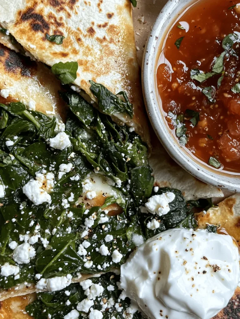 Welcome to the delightful realm of vegetarian cuisine, where flavors and nutrition come together in perfect harmony. Today, we are diving into a mouthwatering recipe for Spinach and Feta Quesadillas—a dish that offers a world of taste while nourishing your body. This delectable quesadilla showcases the vibrant green of fresh spinach, the tangy richness of feta cheese, and the gooey goodness of mozzarella, making it a satisfying choice for any meal.