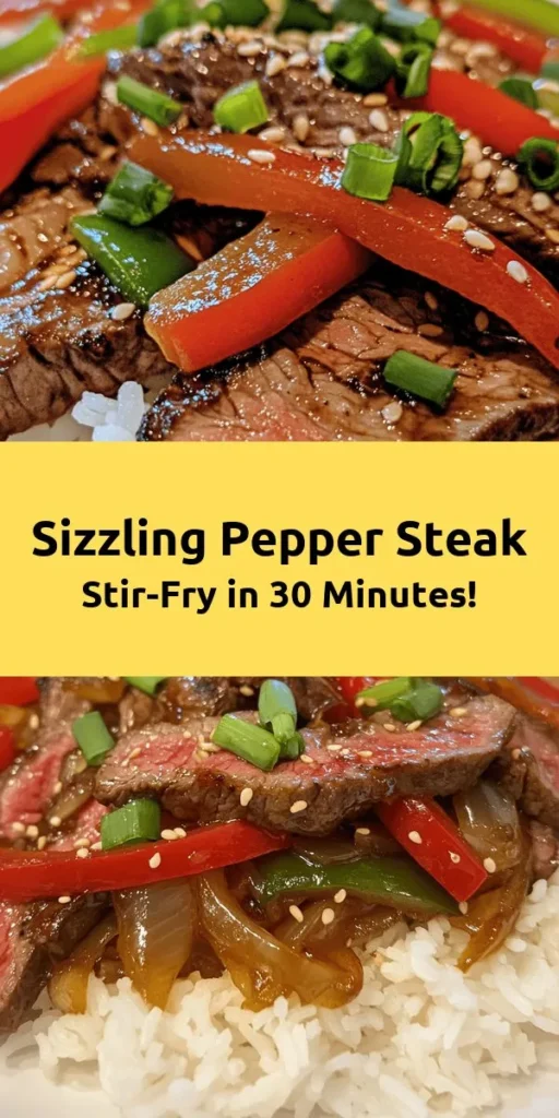 Discover the deliciousness of Sizzling Pepper Steak with Onions in this quick and easy stir-fry recipe! Marinated flank steak is perfectly seared and tossed with vibrant bell peppers and onions, creating a colorful and flavorful dish. Ready in just 30 minutes, this meal is perfect for busy nights or when you want to impress guests. Serve it over rice or noodles for a satisfying dinner that everyone will love. Don't forget the sprinkle of green onions for that finishing touch!