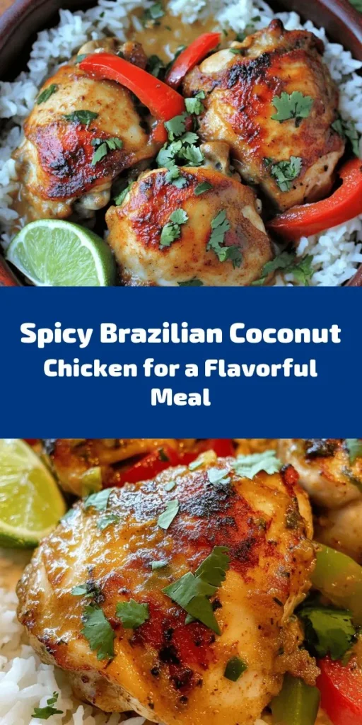 Discover the vibrant flavors of Brazil with this Spicy Brazilian Coconut Chicken recipe! Juicy chicken thighs are marinated in a creamy coconut milk blend combined with red curry paste, ginger, and spices. Sautéed with colorful bell peppers and simmered to perfection, this dish is both spicy and comforting. Serve it over rice or quinoa, topped with fresh cilantro and lime wedges for a tropical twist. Perfect for dinner with family or friends! Enjoy every bite!