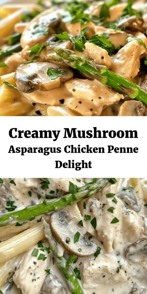 Indulge in this creamy mushroom and asparagus chicken penne dish that's as comforting as it is delicious! Perfect for a weeknight dinner, this recipe combines tender chicken, fresh asparagus, and savory mushrooms in a rich creamy sauce tossed with penne pasta. Quick to prepare in just 30 minutes, it's a crowd-pleaser at your dinner table. Don’t forget to sprinkle some grated Parmesan on top for extra flavor! Enjoy a delightful meal in no time!