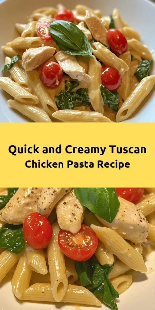 Indulge in this Easy Tuscan Chicken Pasta, a delightful dish that's bursting with flavor and perfect for a weeknight dinner! With tender chicken, fresh spinach, cherry tomatoes, and a creamy Parmesan sauce, every bite is a taste of Italy. This recipe is simple to follow, taking just 40 minutes from start to finish, and serves four. Garnish with basil for a beautiful touch. Get ready to impress your family and friends with this delicious meal!
