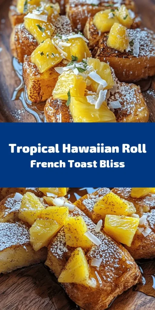 Start your morning with a slice of paradise! This Tropical Hawaiian Roll French Toast is a delicious way to bring the flavors of the islands to your breakfast table. Made with sweet Hawaiian rolls, fresh pineapple chunks, and a hint of cinnamon and nutmeg, it's as delightful as it is easy to prepare. Simply soak the rolls in a creamy egg mixture, cook them until golden brown, and top with maple syrup and coconut flakes. Perfect for a weekend brunch or a special treat!