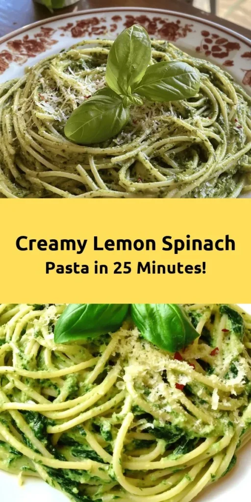 Enjoy a burst of flavor with this Lemon Spinach Pasta! In just 25 minutes, you can create a creamy, zesty dish featuring spaghetti or fettuccine tossed with fresh spinach, garlic, and a luscious lemon sauce. Topped with grated Parmesan and fresh basil, this quick and easy recipe is perfect for a weeknight dinner or a special gathering. Add red pepper flakes for an extra kick. Get ready to impress with minimal effort!