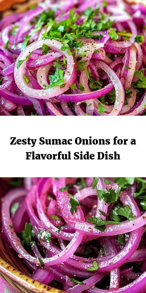 Brighten up your meals with these Zesty Sumac Onions! This simple and flavorful recipe combines thinly sliced red onions with a delicious dressing of olive oil, sumac, and lemon juice. Perfect as a side dish or a tangy topping for your favorite dishes, these onions require minimal prep and can marinate for extra flavor. Garnish with fresh parsley for a delightful touch. Ideal for any occasion, these zesty onions will elevate your culinary creations!