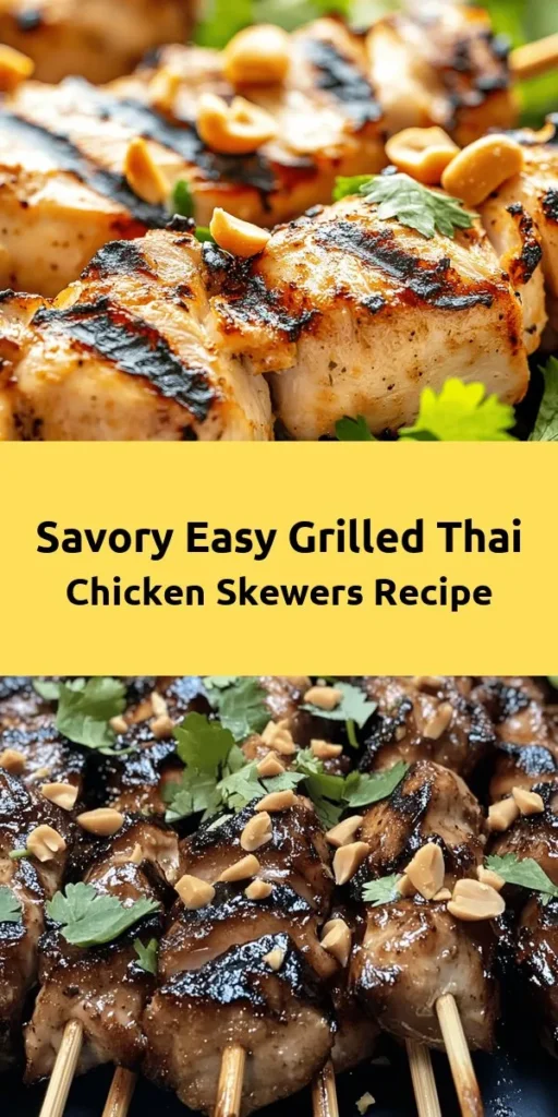 Looking for a quick and delicious meal? Try these Easy Grilled Thai Chicken Skewers! Marinated in a flavorful mix of soy sauce, fish sauce, and spices, these juicy chicken thighs are grilled to perfection. Pair them with a creamy peanut sauce for a truly delightful dish. Perfect for summer barbecues or family dinners, this recipe serves four and is ready in just 50 minutes. Don't forget to garnish with chopped peanuts and fresh cilantro for an extra pop!