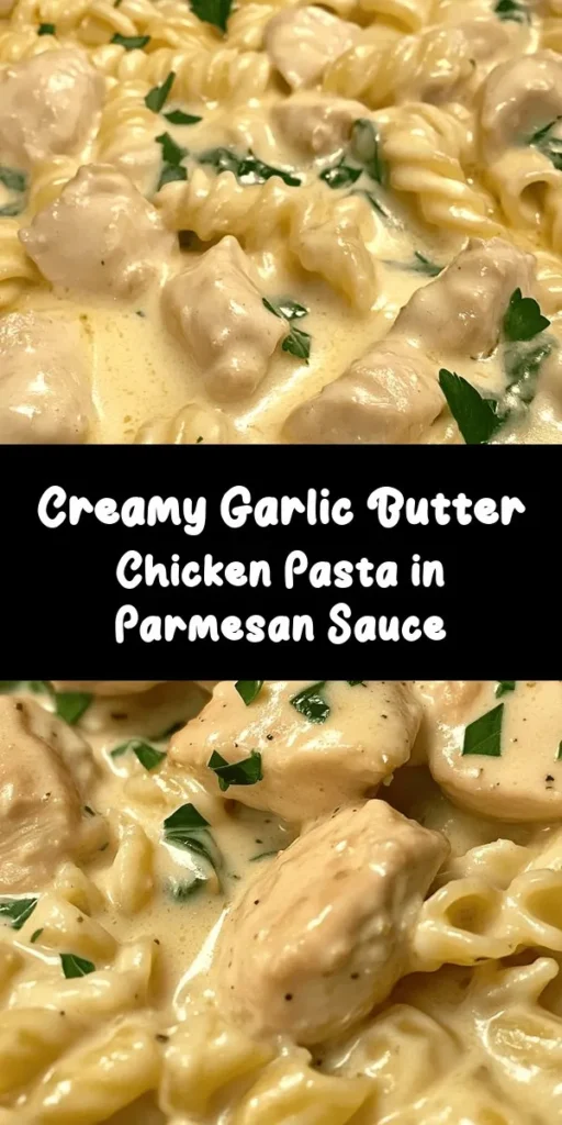 Indulge in a comforting bowl of Creamy Garlic Butter Chicken and Rotini in Parmesan Sauce! This dish features tender chicken and rotini pasta enveloped in a rich, creamy garlic sauce. Made with just a few simple ingredients like butter, garlic, heavy cream, and Parmesan cheese, it’s ready in just 30 minutes. Perfect for a weeknight dinner, this meal is not only delicious but also packed with fresh spinach for a touch of green. Garnish with parsley for an extra pop!
