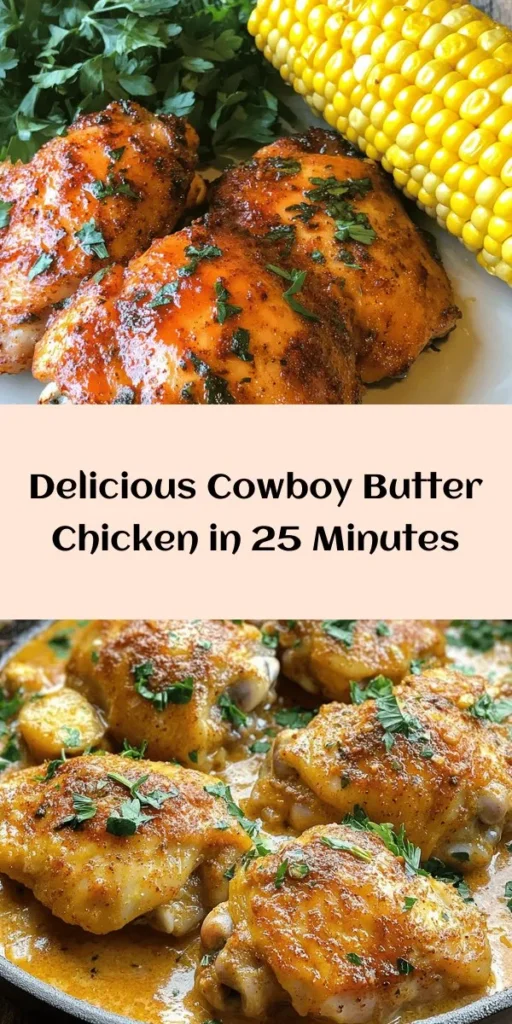 Delight in this Easy Cowboy Butter Chicken recipe that's packed with flavor and sure to impress your family and friends! Juicy chicken thighs are generously coated in a rich, buttery blend of garlic, herbs, and spices, then pan-seared to perfection. Serve it with fresh corn on the cob for a true taste of the Wild West. Ready in just 25 minutes, this dish is perfect for any weeknight dinner or weekend gathering. Try it out and savor every bite!