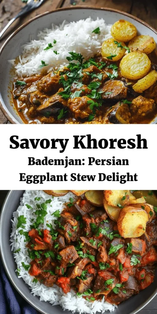 Discover the rich flavors of Khoresh Bademjan, a delightful Persian eggplant stew that combines tender meat, vibrant spices, and perfectly fried eggplants. This hearty dish features lamb or beef simmered in a tomato base with the unique addition of dried lime for a zesty twist. Serve it over fragrant basmati rice and top with crispy potato rounds for a comforting meal. Perfect for family dinners or special occasions, it's a true taste of Persian cuisine!