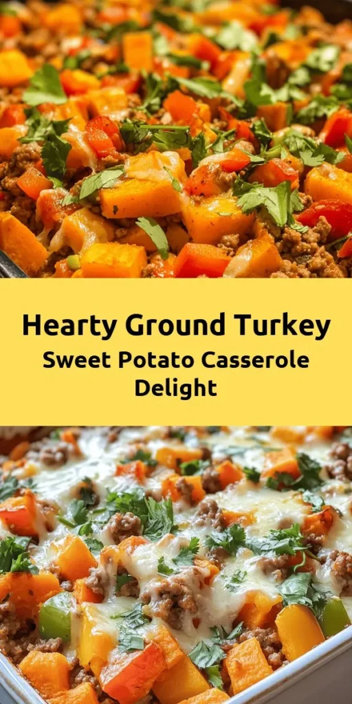 Enjoy a delicious and wholesome Ground Turkey Sweet Potato Casserole that’s perfect for family dinners! This recipe combines lean ground turkey, nutrient-rich sweet potatoes, and a medley of veggies like bell pepper and corn, all topped with melted cheese. It's not only tasty but also packed with protein and fiber. Easy to make in under an hour, it’s ideal for a cozy night in. Garnish with fresh herbs for a colorful finish!