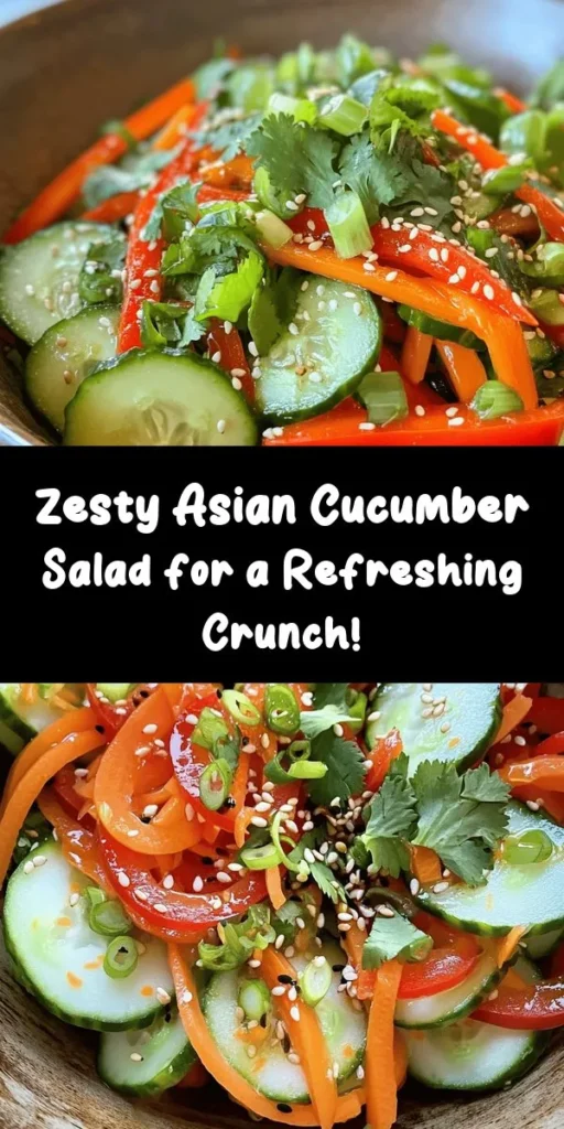Brighten up your meals with this Crunchy & Zesty Asian Cucumber Salad! Made with crisp cucumbers, colorful veggies, and a tangy dressing, it’s the perfect side dish for any occasion. Ready in just 10 minutes, this refreshing salad features a delightful mix of textures and flavors, enhanced by sesame seeds and fresh herbs. Chill it for a bit for maximum flavor, and enjoy it alongside your favorite Asian dishes! Ideal for meal prep or gatherings.