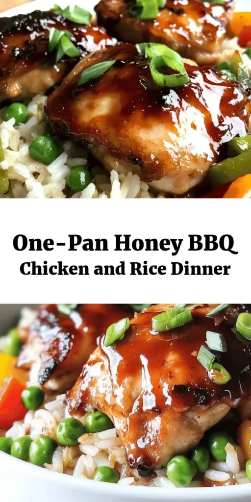 Discover the ultimate comfort food with this One-Pan Honey BBQ Chicken Rice Delight! Featuring tender, juicy chicken thighs and flavorful long-grain rice cooked to perfection in a sweet and tangy honey BBQ sauce, this dish is sure to impress. Packed with vibrant bell peppers and green peas, it’s nutritious and delicious. Easy to make in just 40 minutes, it’s a perfect weeknight meal. Garnish with green onions and enjoy!