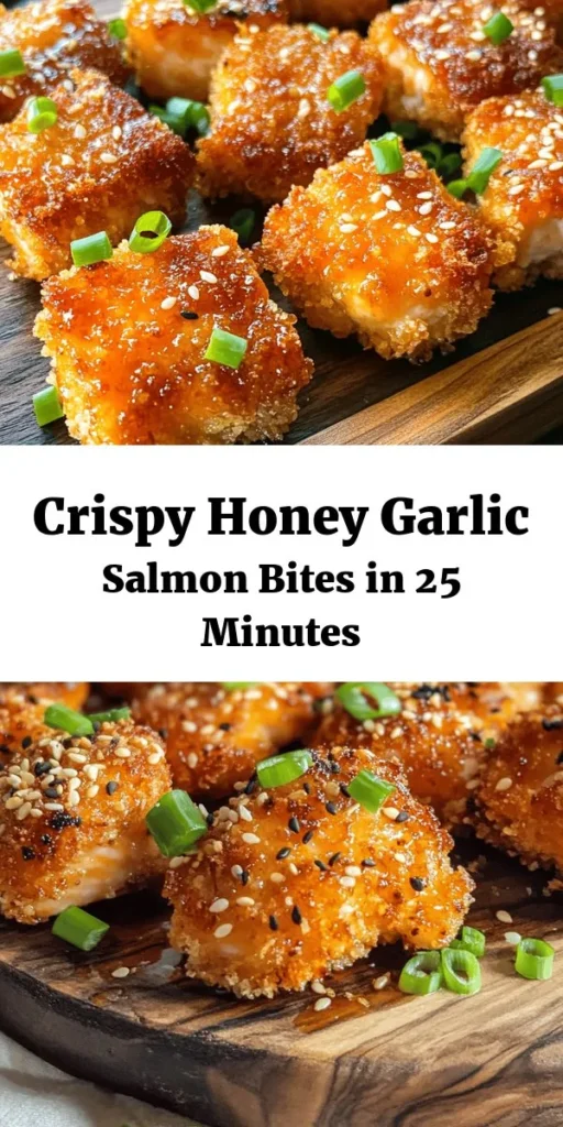 Discover the deliciously crispy Honey Garlic Salmon Bites that are perfect for a quick and tasty meal or a crowd-pleasing appetizer! Tender bite-sized pieces of salmon are coated in a crunchy panko crust and tossed in a flavorful honey garlic sauce. Easy to make in just 25 minutes, these bites are garnished with fresh green onions and sesame seeds for a finishing touch. Perfect for dinner or entertaining, your family will love this dish!