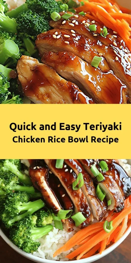 Indulge in a delicious Teriyaki Chicken Rice Bowl that's easy to make and bursting with flavor! This recipe features juicy chicken thighs coated in a sweet and savory teriyaki sauce, served over fluffy jasmine rice. Complemented by vibrant steamed broccoli and carrots, it's not just a meal, but a wholesome experience. Perfect for family dinners or meal prep for the week! Garnish with fresh green onions and sesame seeds for an extra touch. Enjoy this tasty dish!
