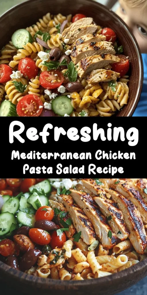 Dive into this refreshing Mediterranean Chicken Pasta Salad, perfect for a light lunch or dinner! With tender grilled chicken, vibrant vegetables like cherry tomatoes and cucumbers, and a zesty dressing made with olive oil and red wine vinegar, this dish is bursting with flavor. Tossed with feta cheese and Kalamata olives, it's a colorful and satisfying meal that’s easy to prepare. Enjoy it chilled for the ultimate taste experience. Ideal for summer picnics or family gatherings!