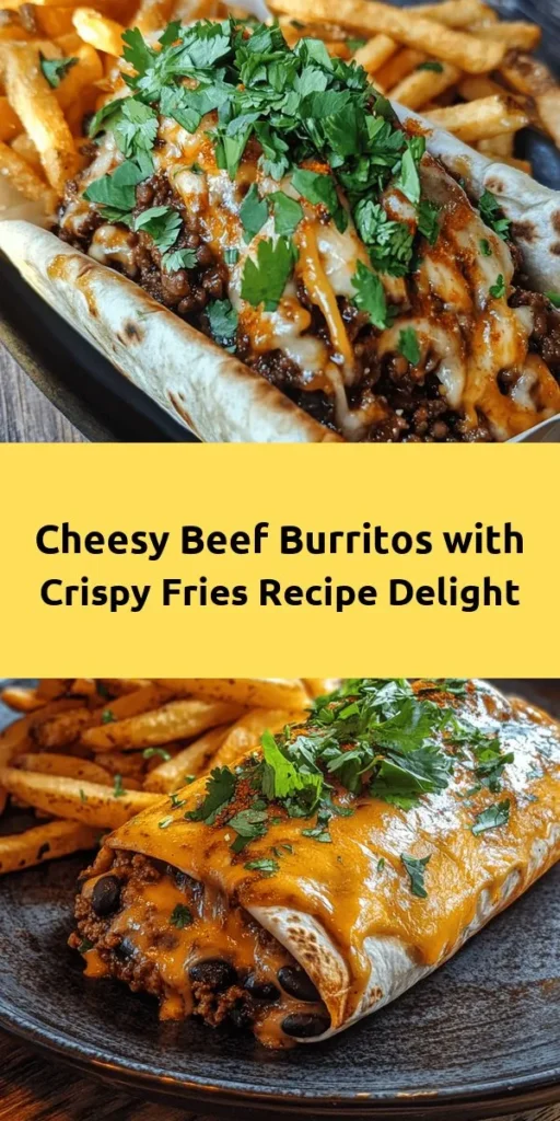 Indulge in these Cheesy Beef Burritos with Crispy Fries for a delicious twist on a classic meal! Packed with seasoned ground beef, black beans, salsa, and plenty of cheddar cheese, these burritos are a hit. Pair them with golden, crispy fries seasoned to perfection for a satisfying combo. Ready in just under an hour, this recipe is perfect for family dinners or a fun night in. Don’t forget the sour cream and fresh cilantro on top for extra flavor!