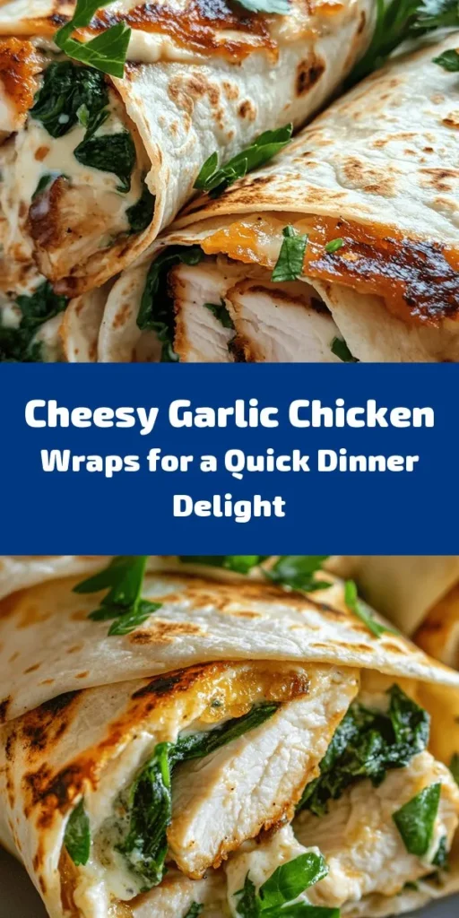 Try these delicious Cheesy Garlic Chicken Wraps for a quick and satisfying meal! Packed with tender chicken, fresh spinach, and gooey mozzarella, these wraps are bursting with flavor. The creamy garlic spread takes them to the next level, while a quick grill adds a crispy finish. Perfect for lunch or dinner, they’re easy to make and sure to please the whole family. Enjoy them warm with your favorite dipping sauce!