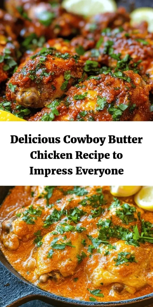 Get ready for a flavor explosion with this Cowboy Butter Chicken! Juicy chicken thighs are seared to perfection and generously coated with a zesty butter mixture packed with garlic, fresh herbs, and a hint of spice. Baked to succulent perfection, this dish is perfect for a cozy dinner or a special occasion. Serve it up with lemon wedges and your favorite sides for a complete meal. Simplify your dinner routine with this delicious recipe your family will love!