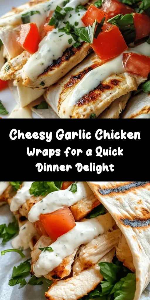 Try these delicious cheesy garlic chicken wraps for a quick and satisfying meal! Packed with tender chicken, creamy mozzarella and cream cheese, fresh spinach, and diced tomatoes, they're perfect for lunch or dinner. With just a few simple steps, you can have these wraps grilled to golden perfection in less than 30 minutes. Serve them with a drizzle of ranch dressing and a sprinkle of parsley for an extra touch. Your taste buds will thank you!