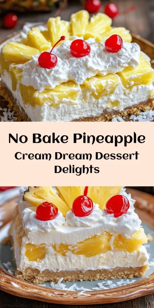 Indulge in the tropical goodness of No Bake Pineapple Cream Dream! This delightful dessert features a buttery graham cracker crust topped with a creamy blend of cream cheese, whipped cream, and luscious crushed pineapple. Perfect for summer gatherings or a sweet treat any time, it’s easy to make and requires no baking. Just whip it up, chill, and serve with maraschino cherries for a burst of fun. Refresh and impress your guests with this heavenly dessert! 🍍✨