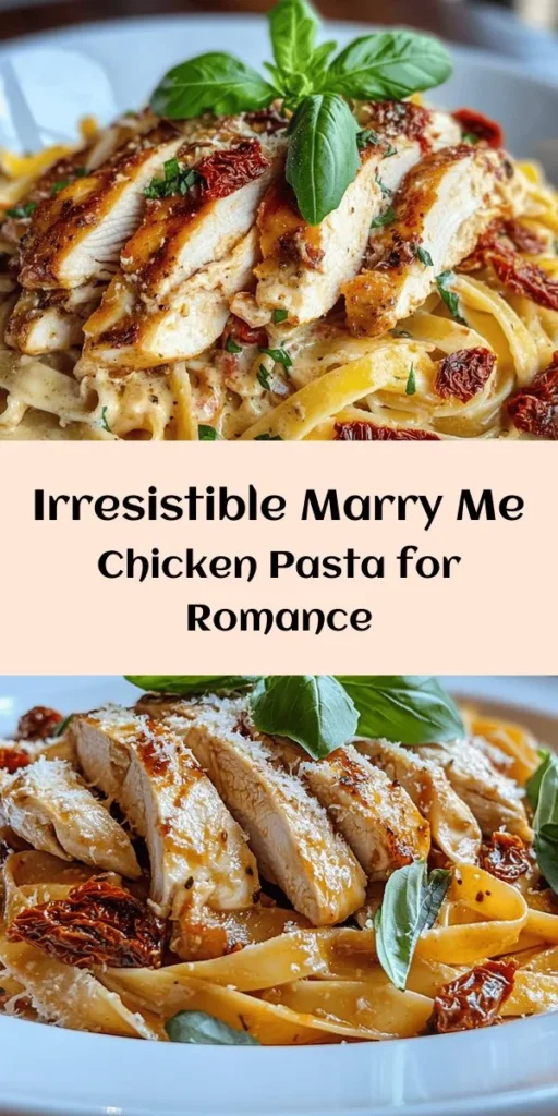 Indulge in this delicious Marry Me Chicken Pasta! Featuring tender chicken breasts, sun-dried tomatoes, and a creamy Parmesan sauce, this dish combines rich flavors that are sure to impress. Easy to make in just 30 minutes, it’s perfect for a romantic dinner or special occasion. Serve over fettuccine and top with fresh basil for a stunning finish. Your taste buds will be begging for more! Try this recipe today for the ultimate culinary experience!