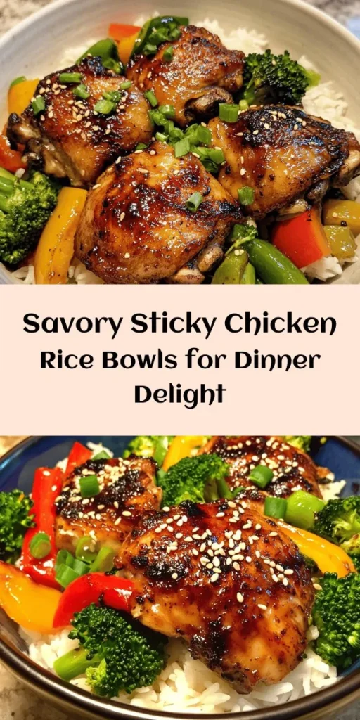 Indulge in these delicious Sticky Chicken Rice Bowls that perfectly blend savory and sweet flavors! With tender chicken thighs coated in a sticky honey soy sauce, vibrant bell peppers, and crisp broccoli, this dish is both colorful and nutritious. The fluffy jasmine rice serves as the ideal base, making this recipe a family favorite. Quick to prepare in just 40 minutes, it’s perfect for busy weeknights. Top with green onions and sesame seeds for an extra crunch!