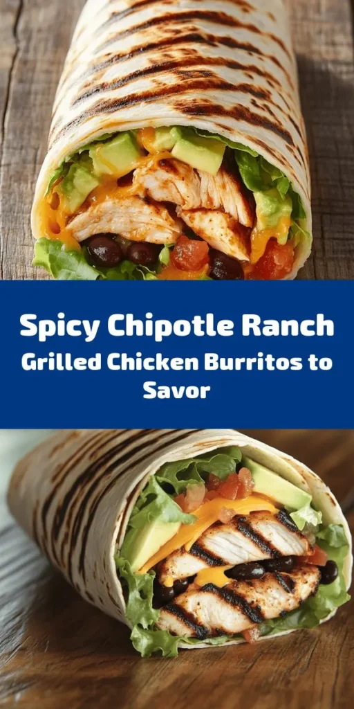 Spice up your mealtime with these Easy Chipotle Ranch Grilled Chicken Burritos! Packed with juicy grilled chicken marinated in a creamy chipotle ranch sauce, they're loaded with fresh ingredients like cheddar cheese, romaine lettuce, pico de gallo, black beans, and avocado. Perfect for lunch or dinner, these burritos are simple to make and bursting with flavor. Enjoy a delicious meal in just 50 minutes!