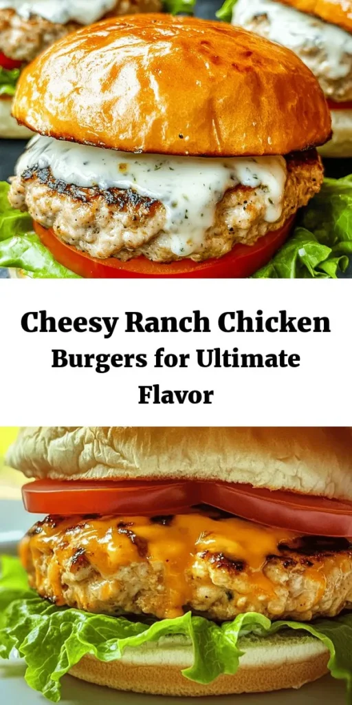 Looking for a delicious twist on a classic? Try these Cheesy Ranch Delight Chicken Burgers! These juicy burgers combine ground chicken with sharp cheddar cheese and zesty ranch dressing for a flavor explosion. They're easy to make in just 25 minutes, perfect for a weeknight dinner or weekend BBQ. Serve them on toasted buns with your favorite toppings, and drizzle with extra ranch for that ultimate creamy finish. Your taste buds will thank you!