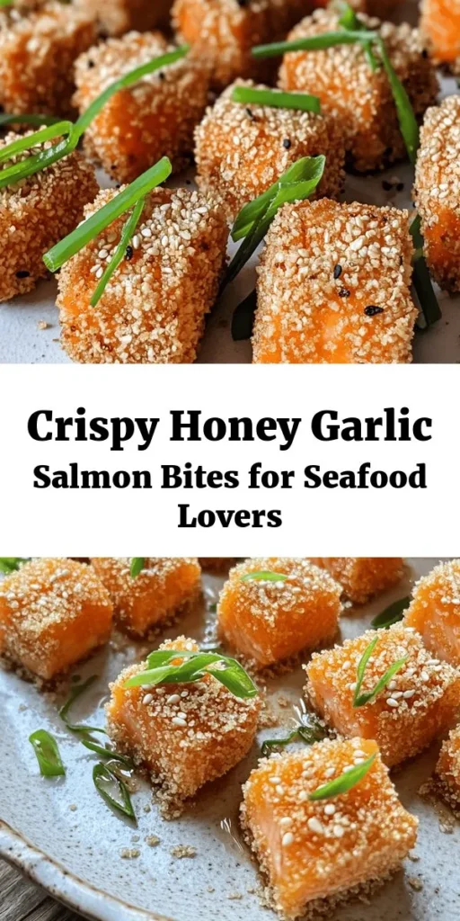 Indulge in these Crispy Honey Garlic Salmon Bites! Perfect for a quick meal or appetizer, these bite-sized delights are coated in a flavorful blend of spices and breadcrumbs, fried to golden perfection, and drizzled with a mouthwatering honey garlic sauce. Ready in just 25 minutes, they offer a deliciously crunchy texture paired with sweet and savory notes. Garnish with green onions and sesame seeds for an extra touch. Get ready for a scrumptious seafood treat!