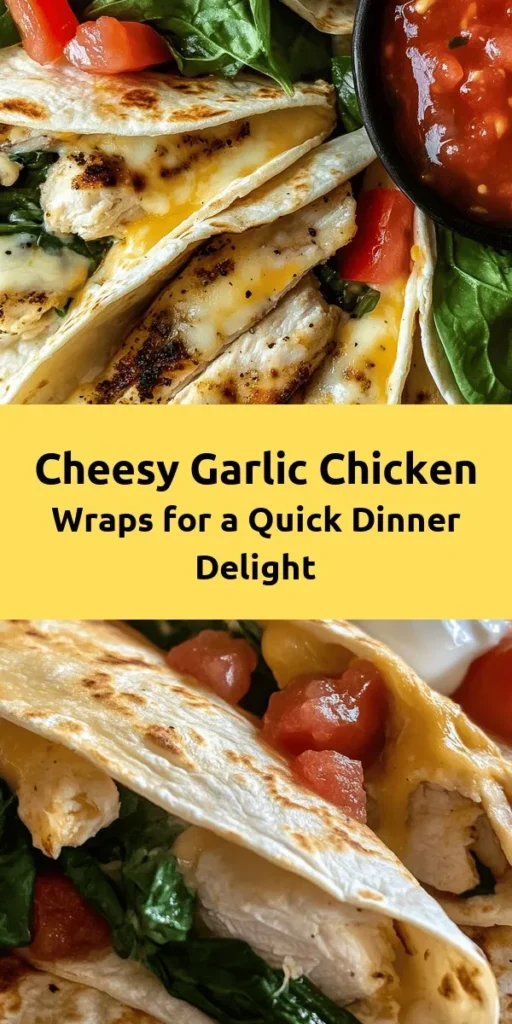 Indulge in these Cheesy Garlic Chicken Wraps that are perfect for lunch or a quick dinner! Packed with shredded chicken, creamy cheeses, and flavorful spices, each bite is a delight. The addition of fresh spinach and tomatoes adds a healthy twist. Easy to make in just 30 minutes, these wraps are grilled to crispy perfection and served with optional sour cream and salsa for dipping. A family favorite that’s sure to please everyone!