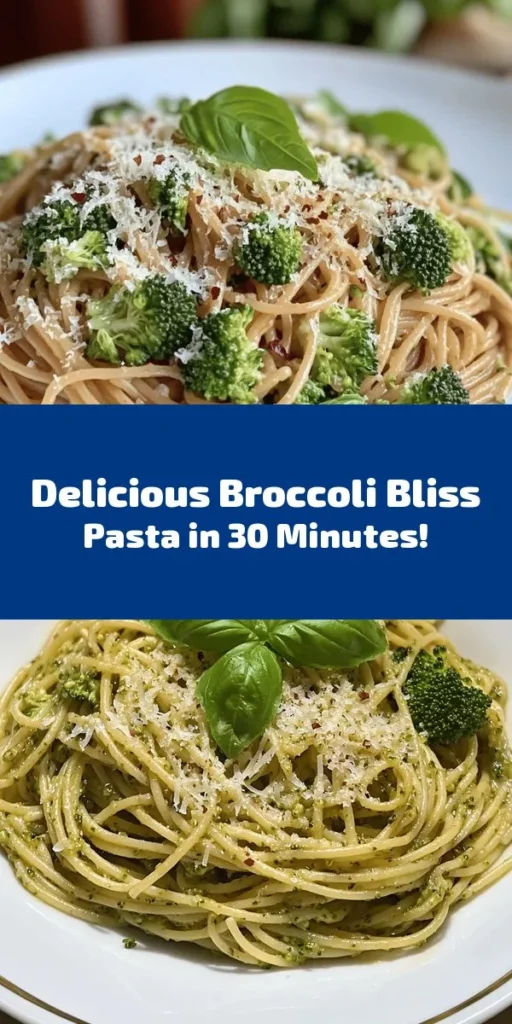 Discover the delightful taste of Broccoli Bliss Pasta! This healthy dish combines whole wheat pasta, fresh broccoli, and aromatic garlic for a quick and satisfying meal. With a hint of lemon juice and optional Parmesan for creaminess, it's perfect for any night of the week. Ready in just 30 minutes, this recipe nourishes your body and delights your taste buds. Serve it up with a sprinkle of fresh herbs for an extra touch of flavor!