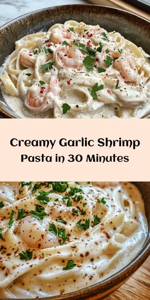 Indulge in the rich flavors of creamy garlic shrimp pasta that's ready in just 30 minutes! This delicious dish combines perfectly cooked fettuccine with succulent shrimp sautéed in a buttery garlic sauce, finished with a dreamy cream and Parmesan blend. Ideal for a weeknight dinner or impressing guests, this recipe is sure to become a family favorite. Don’t forget to garnish with fresh parsley for a pop of color! Enjoy!