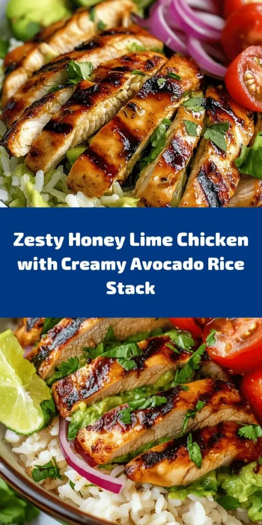 Savor the delicious layers of this Honey Lime Chicken & Avocado Rice Stack! This vibrant dish features marinated chicken breasts grilled to perfection and served over a bed of creamy avocado rice mixed with fresh cilantro and lime. Topped with red onions and cherry tomatoes, it's not only a feast for the eyes but a delightful explosion of flavors. Perfect for a nutritious meal that’s quick to prepare and satisfying to enjoy.