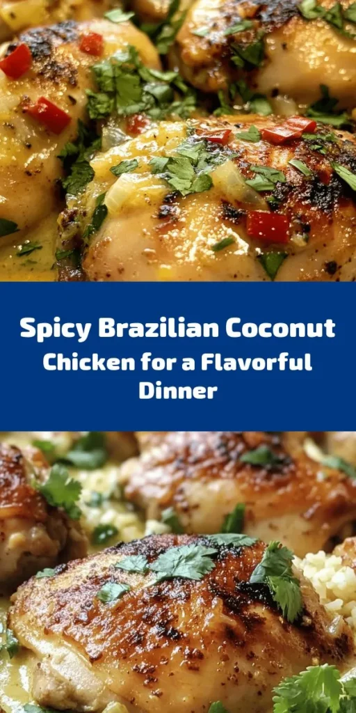 Discover a flavorful adventure with this Spicy Brazilian Coconut Chicken! Tender, marinated chicken thighs simmer in a rich coconut milk sauce infused with garlic, ginger, and fresh chili peppers for the perfect kick. Ready in just an hour, this dish is a delightful blend of spices that pairs beautifully with fluffy rice. Top it off with fresh cilantro for a vibrant finish. Perfect for a cozy dinner or impressing guests, this recipe is a must-try!
