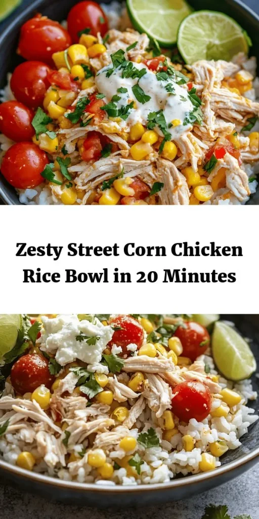 Elevate your weeknight dinner with this Easy Street Corn Chicken Rice Bowl! Packed with flavor, this dish combines cooked white rice, shredded rotisserie chicken, sweet corn, cherry tomatoes, and fresh cilantro. Toss it all in a zesty lime mayonnaise and top with crumbled queso fresco for a delightful crunch. Perfect for a quick meal in just 20 minutes, serve it with lime wedges for added zest. Your taste buds will thank you!