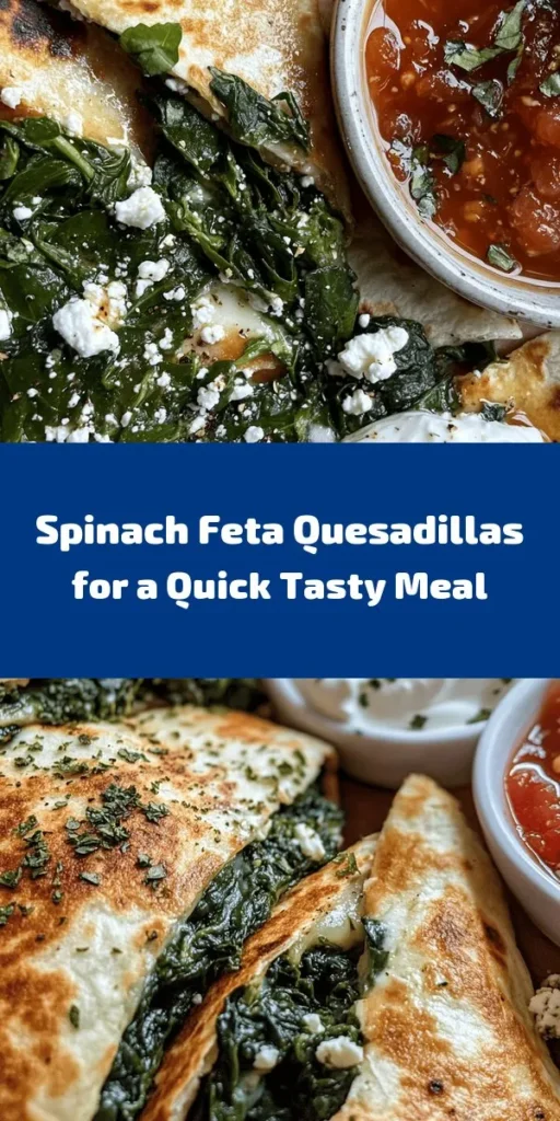 These Spinach and Feta Quesadillas are a delicious and easy meal perfect for any time of day! Packed with fresh spinach, creamy feta, and melty mozzarella, they're a flavorful twist on traditional quesadillas. With just a few simple ingredients and a quick cooking process, you can whip up this tasty dish in under 20 minutes. Serve with sour cream and salsa for an extra kick. Perfect for lunch, dinner, or a quick snack!