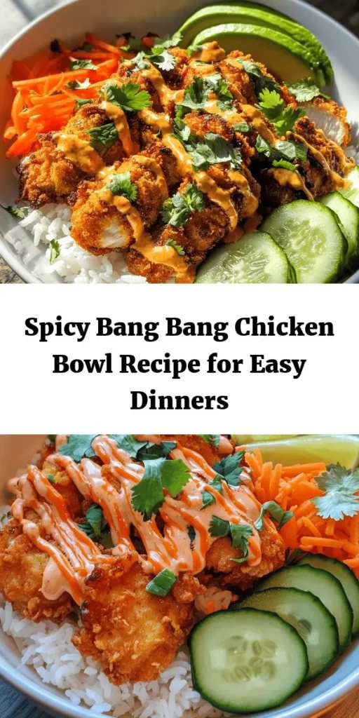 Spice up your dinner with this delicious Bang Bang Chicken Bowl! Tender, crispy chicken thighs are coated in a flavorful spice mix and paired with fluffy jasmine rice. Topped with fresh veggies like cucumber, red bell pepper, and creamy avocado, this bowl is drizzled with a tangy Bang Bang sauce for a perfect kick. Quick to prepare in just 30 minutes, it's a tasty, vibrant meal that everyone will love. Garnish with cilantro and enjoy with a squeeze of lime!