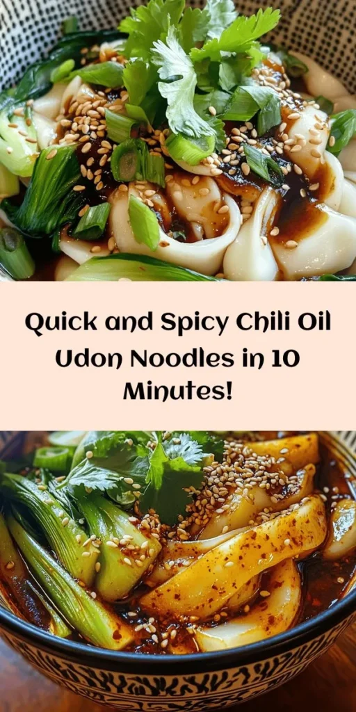 Whip up a delicious meal in just 10 minutes with these Chili Oil Udon Noodles! Perfect for a quick lunch or dinner, this recipe combines tender udon noodles with a spicy, fragrant sauce made from chili oil, soy sauce, and sesame oil. Toss in fresh bok choy and green onions for added crunch, then finish it off with toasted sesame seeds and cilantro. Easy to make and bursting with flavor, it’s a dish you’ll want to enjoy again and again!