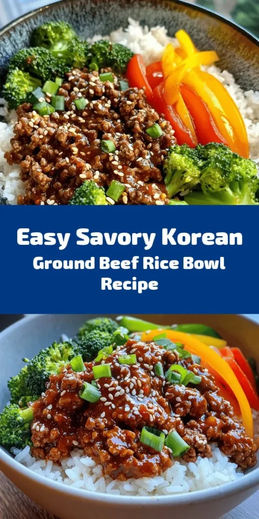 Savor the bold flavors of this Savory Korean Ground Beef Bowl, a quick and delicious meal perfect for busy weeknights! Made with ground beef, a mouthwatering sauce of soy, sesame, and gochujang, plus fresh veggies over rice, this dish is a delightful combination of savory and spicy. Ready in just 20 minutes, it's a family favorite that brings a taste of Korea to your table. Garnish with sesame seeds and green onions for an extra touch!
