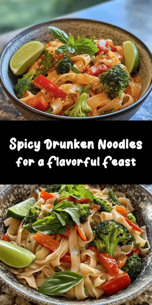 Try this Spicy Drunken Noodles Delight for an unforgettable meal! Perfectly cooked rice noodles stir-fried with vibrant red bell peppers, crisp broccoli, and aromatic garlic. These noodles come alive with the kick of Thai bird's eye chilies and the flavor of fish and oyster sauce. Topped with fresh Thai basil and a splash of lime, it's an easy dish that’s as delicious as it is beautiful. Ideal for a quick dinner that impresses! Enjoy in just 30 minutes!