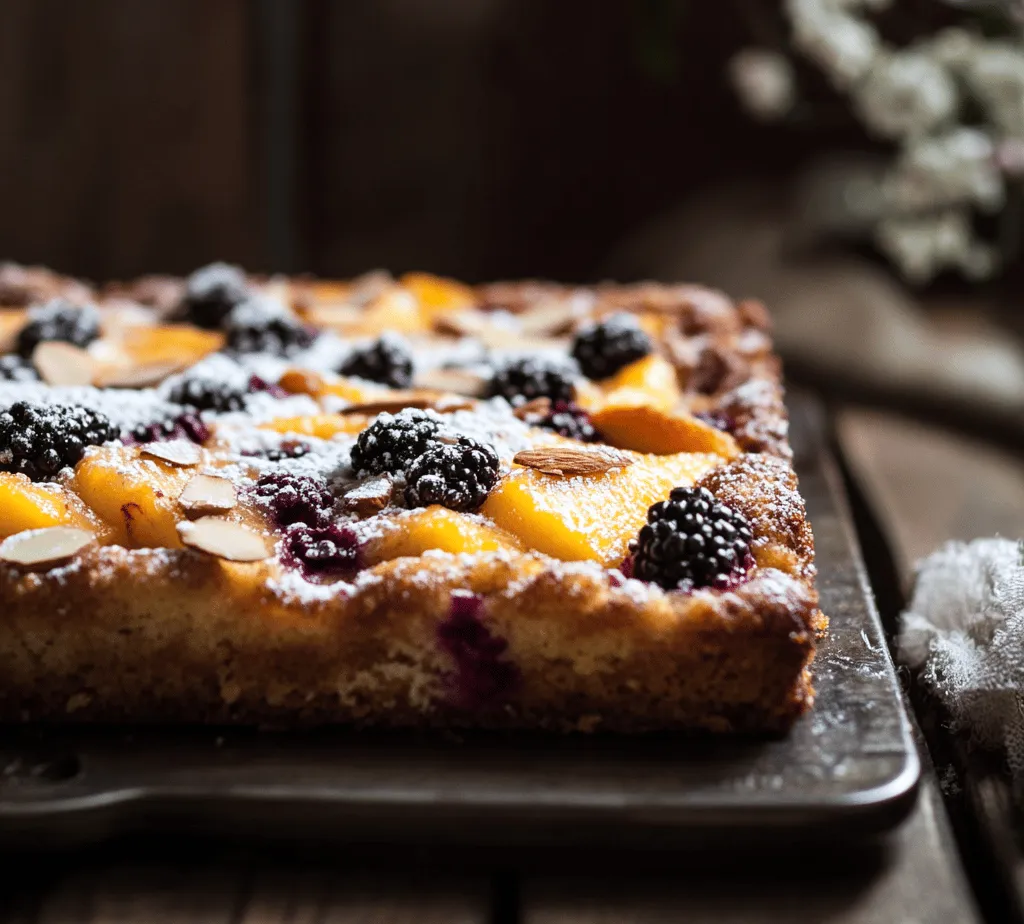 Coffee cakes are a beloved staple in the world of baked goods, offering a delightful combination of sweetness and texture that pairs beautifully with a warm cup of coffee or tea. The appeal of coffee cakes extends beyond their taste; they evoke a sense of comfort and nostalgia, often associated with leisurely mornings or cozy brunch gatherings. Among the myriad of flavors that one can explore within the realm of coffee cakes, the <strong>Peach Blackberry Coffee Cake Delight</strong> stands out as a unique and tantalizing option. This cake not only features the classic buttery essence of traditional coffee cakes but also introduces the vibrant and refreshing flavors of fresh peaches and blackberries.” /></p>
</p>
<h3>Incorporating Eggs and Flavorings</h3>
</p>
<p>The incorporation of eggs into your Peach Blackberry Coffee Cake is a crucial step in achieving a light and fluffy texture. Start by cracking the eggs into a separate bowl and whisking them gently until the yolks and whites are combined. This method introduces air into the eggs, which contributes to the cake’s overall rise.</p>
</p>
<p>When adding eggs to the batter, ensure they are at room temperature. Room-temperature eggs mix more easily and incorporate better, resulting in a smoother batter. For added flavor depth, consider introducing a splash of vanilla extract or almond extract at this stage. These flavorings complement the sweetness of the peaches and the tartness of the blackberries, enhancing the overall taste profile of your cake.</p>
</p>
<h3>Tips on Incorporating Eggs for Fluffiness and Flavor Depth</h3>
</p>
<p>1. <strong>Choose Fresh Eggs</strong>: Fresh eggs yield better results, contributing to the cake’s rise and flavor.</p>
</p>
<p>2. <strong>Mixing Technique</strong>: Use a hand mixer or stand mixer to beat the eggs until they are pale and fluffy before adding them to the batter. This will help aerate the mixture.</p>
</p>
<p>3. <strong>Gradual Addition</strong>: Incorporate eggs one at a time into the batter to ensure even mixing and to prevent the mixture from becoming too dense.</p>
</p>
<p>4. <strong>Express Yourself with Flavor</strong>: Experiment with other extracts like citrus or even liqueurs to add a unique twist to the flavor profile.</p>
</p>
<h3>Mixing Wet and Dry Ingredients</h3>
</p>
<p>Once your eggs are well incorporated, it’s time to mix the wet and dry ingredients. In a separate bowl, combine your dry ingredients: all-purpose flour, baking powder, baking soda, and a pinch of salt. Mixing these ingredients beforehand ensures that the leavening agents are evenly distributed throughout the cake.</p>
</p>
<p>To combine the wet and dry ingredients, gradually add the dry mix to the wet ingredients. This step is critical—overmixing the batter can lead to a dense cake. Instead, mix just until the flour is incorporated, which allows the gluten to develop minimally, ensuring a light and tender cake.</p>
</p>
<h3>The Significance of Not Overmixing to Maintain Cake Fluffiness</h3>
</p>
<p>Overmixing can lead to gluten formation, which can result in a tough cake. To avoid this, use a rubber spatula or a wooden spoon to gently fold the ingredients together. Mix only until you no longer see dry flour; small lumps are perfectly acceptable and will bake out during cooking. This technique plays a vital role in achieving the light texture that is characteristic of a good coffee cake.</p>
</p>
<h3>Folding in Fresh Fruits</h3>
</p>
<p>The next step is to fold in your fresh peaches and blackberries. This process should be done delicately to ensure the fruits are evenly distributed throughout the batter without breaking them apart. You want those beautiful chunks of fruit to remain intact, as they will create delightful bursts of flavor in every bite.</p>
</p>
<p>1. <strong>Dicing the Fruits</strong>: Cut the peaches into small, bite-sized pieces. This not only makes them easier to mix but also ensures they bake evenly.</p>
</p>
<p>2. <strong>Tossing with Flour</strong>: Before folding the fruits into the batter, toss them in a tablespoon of flour. This can help suspend the fruits in the batter, preventing them from sinking to the bottom during baking.</p>
</p>
<p>3. <strong>Gentle Folding</strong>: Use a spatula to fold the fruits into the batter carefully. Make sure to lift the batter from the bottom and turn it over the fruits, repeating this motion until they are just incorporated.</p>
</p>
<h3>Crafting the Topping</h3>
</p>
<p>Now let’s move on to the crumbly topping that will add texture and flavor to your Peach Blackberry Coffee Cake. The topping typically consists of flour, brown sugar, cinnamon, and butter, creating a delightful crunch that contrasts beautifully with the soft cake and juicy fruits.</p>
</p>
<p>1. <strong>Mixing the Ingredients</strong>: In a small bowl, combine equal parts of flour and brown sugar, a sprinkle of cinnamon, and melted butter. The melted butter will bind the ingredients together, creating a crumbly texture.</p>
</p>
<p>2. <strong>Incorporating Nuts</strong>: For an added crunch, consider folding in chopped almonds or walnuts into the topping mixture. This not only enhances the flavor but also provides an additional layer of texture that complements the cake perfectly.</p>
</p>
<h3>Assembling and Baking the Cake</h3>
</p>
<p>To assemble your Peach Blackberry Coffee Cake, start by greasing and flouring a 9×13 inch baking pan. Pour the batter into the prepared pan, spreading it evenly to ensure consistent baking. Once the batter is evenly distributed, sprinkle the crumbly topping generously over the surface.</p>
</p>
<p><strong>Best Practices for Pouring Batter and Evenly Distributing the Topping</strong>:</p>
</p>
<p>– <strong>Use an Offset Spatula</strong>: This tool will help you spread the batter evenly without deflating it.</p>
<p>– <strong>Topping Technique</strong>: Use your fingers to crumble the topping evenly over the batter, ensuring that every bite gets some of that delicious crunch.</p>
</p>
<h3>Signs of Doneness to Look for During Baking</h3>
</p>
<p>Bake the cake in a preheated oven at 350°F (175°C) for about 35-40 minutes. To check for doneness, insert a toothpick into the center of the cake. If it comes out clean or with a few moist crumbs attached, your cake is ready. The edges should be golden brown, and the top should bounce back when lightly pressed.</p>
</p>
<h3>Preparing the Glaze</h3>
</p>
<p>While the cake is baking, you can prepare a simple glaze that will enhance its flavor and appearance. Combine powdered sugar with a splash of milk and a few drops of vanilla extract to create a smooth, pourable glaze. Adjust the consistency by adding more milk or powdered sugar until you achieve your desired thickness.</p>
</p>
<p>1. <strong>Enhancing the Flavor</strong>: For a fruity twist, consider adding a touch of peach or blackberry puree to the glaze. This not only adds flavor but also gives the cake a beautiful color.</p>
</p>
<p>2. <strong>Application</strong>: Drizzle the glaze over the cooled cake once it has settled for about 10-15 minutes after baking. This will allow the glaze to soak into the cake slightly, adding moisture and sweetness.</p>
</p>
<h3>Cooling and Serving</h3>
</p>
<p>Cooling your cake before glazing is crucial for achieving the optimal texture. If the cake is too warm, the glaze may melt and run off rather than setting nicely on the surface. Allow the cake to cool in the pan for about 20 minutes, then transfer it to a wire rack to cool completely.</p>
</p>
<p><strong>Suggestions for Serving</strong>:</p>
</p>
<p>– Serve slices of the Peach Blackberry Coffee Cake with a hot cup of coffee or tea for a delightful breakfast or afternoon treat.</p>
<p>– Alternatively, enjoy it as a standalone dessert topped with a dollop of whipped cream or a scoop of vanilla ice cream for an indulgent finish.</p>
</p>
<h3>Nutritional Information</h3>
</p>
<p>Each serving of Peach Blackberry Coffee Cake contains approximately:</p>
</p>
<p>– <strong>Calories</strong>: 250</p>
<p>– <strong>Total Fat</strong>: 10g</p>
<p>– <strong>Saturated Fat</strong>: 3g</p>
<p>– <strong>Cholesterol</strong>: 50mg</p>
<p>– <strong>Sodium</strong>: 150mg</p>
<p>– <strong>Total Carbohydrates</strong>: 39g</p>
<p>– <strong>Dietary Fiber</strong>: 1g</p>
<p>– <strong>Sugars</strong>: 15g</p>
<p>– <strong>Protein</strong>: 3g</p>
</p>
<p>For those with dietary preferences, consider these substitutions:</p>
</p>
<p>– <strong>Gluten-Free Options</strong>: Use a gluten-free all-purpose flour blend to make this cake gluten-free without sacrificing texture.</p>
<p>– <strong>Lower Sugar</strong>: Substitute coconut sugar or a sugar alternative like erythritol for a lower-calorie option.</p>
</p>
<h3>Pairing Suggestions</h3>
</p>
<p>To elevate your experience, consider pairing your Peach Blackberry Coffee Cake with:</p>
</p>
<p>– <strong>Beverages</strong>: A rich cup of coffee or a calming herbal tea complements the cake beautifully. For a refreshing twist, flavored sparkling water can also enhance the fruity notes.</p>
<p>– <strong>Complementary Desserts</strong>: Serve alongside a light fruit sorbet or a small serving of vanilla pudding for a delightful mix of textures and flavors.</p>
</p>
<h3>Conclusion</h3>
</p>
<p>Baking and enjoying the Peach Blackberry Coffee Cake is a joyful experience that brings together the sweetness of summer fruits and the comforting warmth of a homemade treat. With its simple ingredients and straightforward steps, this recipe is not only delicious but also accessible to bakers of all skill levels.</p>
</p>
<p>Embrace the opportunity to experiment with different fruits and toppings, allowing your creativity to shine through in the kitchen. Whether you’re enjoying this cake with a loved one over coffee or savoring it solo, every slice promises a delightful combination of flavors that will leave you wanting more. Happy baking!</p>
<div id=