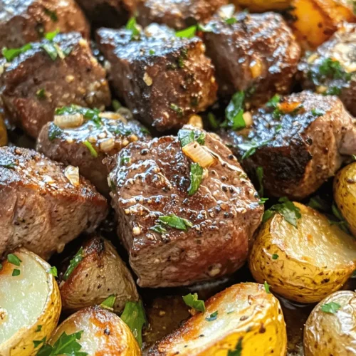 Garlic Butter Steak Bites and Potatoes is a dish that brings together the rich flavors of tender steak and perfectly roasted baby potatoes, all infused with the aromatic essence of garlic and fresh herbs. This recipe is not only a feast for the taste buds but also a quick and straightforward option for dinner, making it an ideal choice for busy weeknights or special gatherings. The combination of juicy steak bites sautéed in a luscious garlic butter sauce alongside golden, crispy potatoes creates a satisfying meal that is sure to impress family and friends alike.
