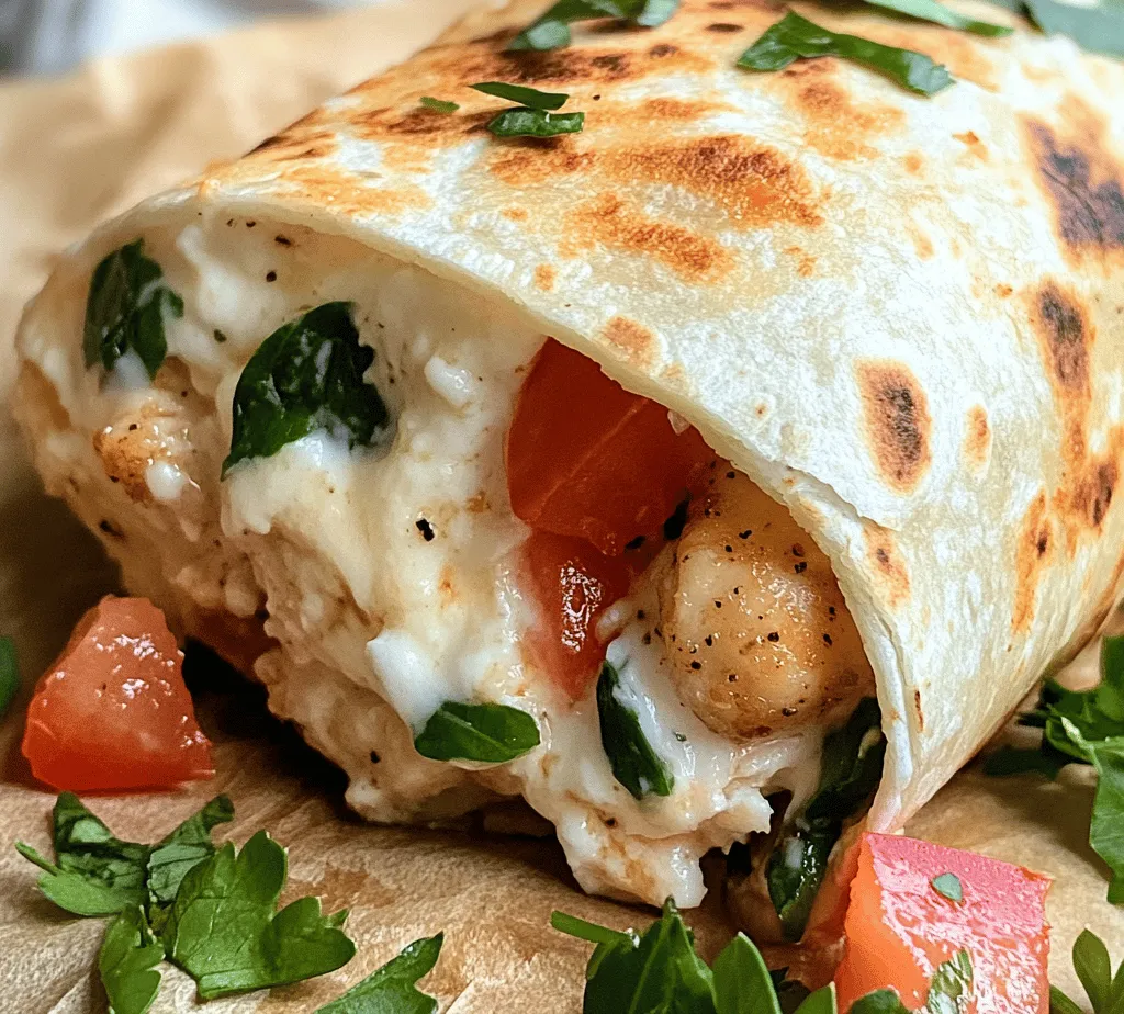Wraps have become a staple in contemporary cooking, beloved for their versatility and ease of preparation. From quick lunches to satisfying dinners, wraps offer a convenient way to enjoy a variety of flavors and ingredients, all while being portable and easy to eat. Among the many delicious options available, <strong>Cheesy Garlic Chicken Wraps</strong> stand out as a particularly appealing choice. These wraps combine the rich, comforting flavors of cheese and garlic with tender chicken, making them the perfect comfort food for any occasion.” /></p>
</p>
<h3>Serving Suggestions</h3>
</p>
<p>When it comes to enjoying your Cheesy Garlic Chicken Wraps, there are numerous ways to elevate the meal experience. Pairing your wraps with the right accompaniments can enhance the flavors and make for a more satisfying dining experience.</p>
</p>
<p><strong>Dipping Sauces</strong></p>
<p>Consider serving your wraps with a variety of dipping sauces to add an extra layer of flavor. Here are some ideas:</p>
</p>
<p>– <strong>Garlic Aioli</strong>: This creamy and garlicky sauce is a perfect match for the wraps and brings out the garlic flavor beautifully.</p>
<p>– <strong>Spicy Sriracha Sauce</strong>: For those who enjoy a kick, a drizzle of spicy Sriracha can add heat that contrasts well with the cheesy goodness.</p>
<p>– <strong>Ranch Dressing</strong>: A classic choice, ranch dressing complements the flavors in the wrap and adds a refreshing creaminess.</p>
<p>– <strong>Sweet Chili Sauce</strong>: This sauce offers a sweet and tangy profile that balances the savory notes of the chicken and cheese.</p>
</p>
<p><strong>Side Dishes</strong></p>
<p>To round out your meal, consider adding some side dishes that complement your Cheesy Garlic Chicken Wraps. Here are some suggestions:</p>
</p>
<p>– <strong>Garden Salad</strong>: A simple garden salad with crisp lettuce, tomatoes, cucumbers, and a light vinaigrette can provide a refreshing contrast to the richness of the wraps.</p>
<p>– <strong>Coleslaw</strong>: The crunch and tang of coleslaw can add a delightful texture and flavor balance.</p>
<p>– <strong>Roasted Vegetables</strong>: Roasted bell peppers, zucchini, and asparagus are excellent side options that add color and nutrition to your plate.</p>
<p>– <strong>Sweet Potato Fries</strong>: Baked or air-fried sweet potato fries offer a satisfying crunch and sweetness that pairs perfectly with the savory wraps.</p>
</p>
<p><strong>Presentation Tips</strong></p>
<p>Making your dish visually appealing enhances the overall dining experience. Here are some presentation tips:</p>
</p>
<p>– <strong>Plate Arrangement</strong>: Place the wraps diagonally on the plate for an inviting look. You can cut them in half to showcase the filling.</p>
<p>– <strong>Garnish</strong>: Add a sprinkle of fresh herbs like parsley or cilantro on top for a pop of color.</p>
<p>– <strong>Colorful Side Dishes</strong>: Arrange colorful side dishes alongside the wraps to create a vibrant plate.</p>
<p>– <strong>Dipping Sauce Bowls</strong>: Serve dipping sauces in small bowls on the side to encourage guests to customize their flavors.</p>
</p>
<h3>Nutritional Information</h3>
</p>
<p>Understanding the nutritional content of your Cheesy Garlic Chicken Wraps can help you make informed choices. Here’s a breakdown of the average nutritional values per serving (1 wrap):</p>
</p>
<p>– <strong>Calories</strong>: Approximately 450</p>
<p>– <strong>Total Fat</strong>: 20g</p>
<p>– Saturated Fat: 10g</p>
<p>– <strong>Cholesterol</strong>: 90mg</p>
<p>– <strong>Sodium</strong>: 720mg</p>
<p>– <strong>Total Carbohydrates</strong>: 40g</p>
<p>– Dietary Fiber: 3g</p>
<p>– Sugars: 2g</p>
<p>– <strong>Protein</strong>: 30g</p>
</p>
<p>These wraps are not only delicious but also provide a decent amount of protein, making them suitable for those looking to increase their protein intake.</p>
</p>
<p><strong>Dietary Considerations</strong></p>
<p>– <strong>High-Protein Diets</strong>: With chicken and cheese being the primary ingredients, these wraps are an excellent option for individuals following a high-protein diet.</p>
<p>– <strong>Low-Carb Options</strong>: For those following a low-carb lifestyle, consider using lettuce leaves instead of tortillas. This variation will significantly reduce the carbohydrate content while still delivering great flavor.</p>
</p>
<h3>Flavor Variations and Customization</h3>
</p>
<p>One of the wonderful aspects of Cheesy Garlic Chicken Wraps is their versatility. Here are some ideas on how to customize the recipe according to your taste preferences:</p>
</p>
<p><strong>Protein Options</strong></p>
<p>– <strong>Turkey</strong>: Swap out chicken for lean ground turkey for a lighter version of the dish.</p>
<p>– <strong>Beef</strong>: For a heartier wrap, use ground beef or shredded beef for a rich and satisfying flavor.</p>
<p>– <strong>Vegetarian Option</strong>: Replace the meat with grilled portobello mushrooms or chickpeas for a vegetarian take that is still hearty and filling.</p>
</p>
<p><strong>Adding Vegetables</strong></p>
<p>Incorporating additional vegetables not only enhances the nutritional value but also adds texture and flavor:</p>
</p>
<p>– <strong>Bell Peppers</strong>: Sautéed bell peppers can add a sweet crunch that complements the chicken.</p>
<p>– <strong>Zucchini</strong>: Grated zucchini mixed into the filling increases moisture and nutrients without overpowering the other flavors.</p>
<p>– <strong>Spinach</strong>: Fresh spinach is a great way to add some greens and can be mixed directly into the filling.</p>
</p>
<p><strong>Seasonings and Spices</strong></p>
<p>To enhance the flavor profile of your Cheesy Garlic Chicken Wraps, consider experimenting with different seasonings:</p>
</p>
<p>– <strong>Taco Seasoning</strong>: For a southwest twist, add taco seasoning to the chicken mixture. This will introduce a delightful blend of spices.</p>
<p>– <strong>Lemon Zest</strong>: Adding a touch of lemon zest can brighten up the flavors and provide a fresh contrast to the richness of the cheese.</p>
<p>– <strong>Smoked Paprika</strong>: This spice adds a subtle smokiness that can elevate the overall dish.</p>
</p>
<h3>Cultural Context and Popularity of Wraps</h3>
</p>
<p>Wraps have become a staple in modern culinary traditions, with roots in various cultures around the world. The concept of wrapping food in a flatbread or similar vessel can be traced back to ancient civilizations, where it was used as a convenient way to consume meals.</p>
</p>
<p><strong>Historical Roots</strong></p>
<p>– <strong>Middle Eastern Influence</strong>: The origins of wraps can be linked to dishes like the shawarma or falafel, where meats and vegetables are wrapped in pita bread.</p>
<p>– <strong>Mexican Cuisine</strong>: In Mexico, tortillas serve a similar purpose, used to encase a variety of fillings, from beans to meats.</p>
</p>
<p><strong>Modern Evolution</strong></p>
<p>In contemporary cuisine, wraps have evolved into a versatile and convenient meal option. They are favored for their portability and ease of preparation, making them a popular choice among busy individuals and families.</p>
</p>
<p><strong>Meal Prep and Convenience</strong></p>
<p>With the rise of meal prep culture, wraps have gained prominence as they can be made in advance, stored easily, and enjoyed on-the-go. Their adaptability allows for a variety of fillings, catering to different dietary needs and preferences, from vegetarian to high-protein options.</p>
</p>
<h3>Conclusion</h3>
</p>
<p>Cheesy Garlic Chicken Wraps are more than just a meal; they represent a delightful fusion of flavors and textures that can be easily customized to suit your taste. This recipe is not only versatile but also allows for creativity in the kitchen, encouraging experimentation with different ingredients and flavors.</p>
</p>
<p>Cooking and sharing meals with loved ones can be a joyous experience, and these wraps provide a perfect opportunity to bring people together around the table. Whether you choose to serve them with a side salad, dipping sauces, or try out different fillings and seasonings, these wraps are sure to impress.</p>
</p>
<p>Embrace the joy of cooking as you prepare your Cheesy Garlic Chicken Wraps, and don’t hesitate to make them your own. Enjoy the process, and most importantly, enjoy sharing these delicious wraps with family and friends. Happy cooking!</p>
<div id=