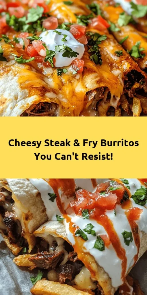 Indulge in these Steak & Cheese Dirty Fry Burritos, the perfect fusion of flavors and textures! With thinly sliced marinated flank steak, crispy fries, and gooey nacho cheese wrapped in warm tortillas, this dish is a crowd-pleaser. It's easy to make in under an hour and perfect for any mealtime. Top with sour cream, salsa, and fresh cilantro for an extra burst of flavor. Try this delicious recipe for a fun twist on traditional burritos!