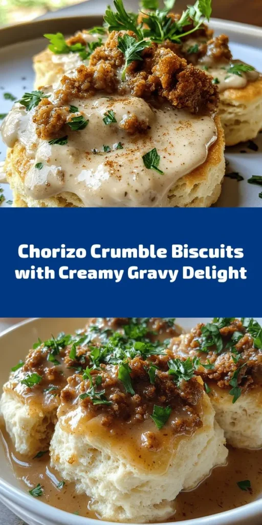 Experience a delicious twist on breakfast with these Chorizo Crumble Biscuits and Creamy Gravy! Flaky homemade biscuits topped with rich, flavorful chorizo gravy make for a comforting meal any time of day. This easy recipe combines simple ingredients like buttermilk, chorizo sausage, and spices for a hearty dish. Perfect for weekends or special brunches, serve with a sprinkle of fresh parsley for a pop of color. Enjoy this savory delight!