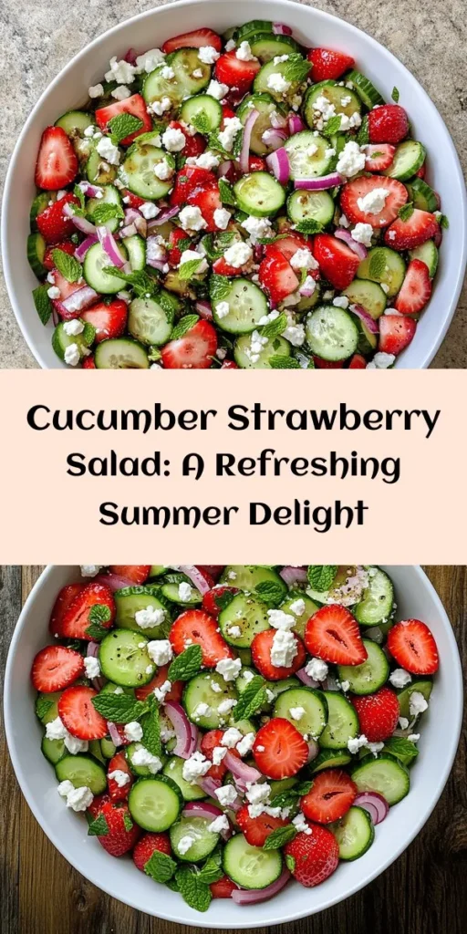 Enjoy a burst of freshness with this Cucumber Strawberry Salad! Perfect for a light lunch or as a side dish, this vibrant salad combines juicy strawberries, crisp cucumber, and zesty red onion, all topped with optional feta cheese and fragrant mint. Drizzled with a simple homemade dressing of olive oil, balsamic vinegar, and honey, it’s quick to prepare and best served chilled. A delightful recipe to brighten up your plate!