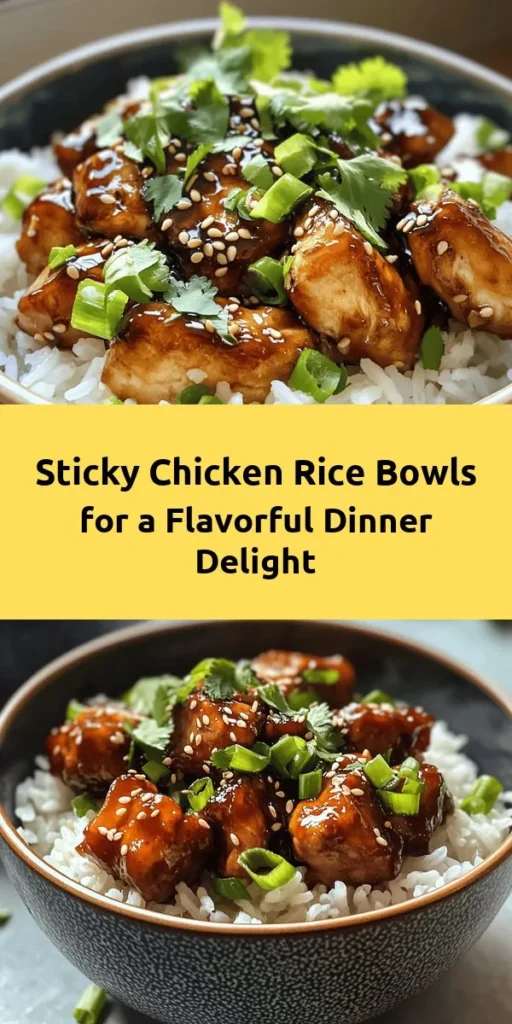 Indulge in these delicious Sticky Chicken Rice Bowls that are a perfect mix of sweet and savory! Start with fluffy jasmine rice topped with marinated, caramelized chicken thighs cooked in a flavorful sauce made with soy sauce, honey, ginger, and garlic. Finish it off with fresh green onions, sesame seeds, and optional cilantro for a burst of flavor. This easy recipe takes just 40 minutes and serves four, making it a fantastic weeknight dinner that everyone will love!