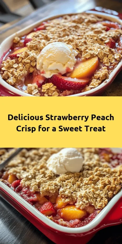 Indulge in this delicious Strawberry Peach Crisp, a perfect blend of fresh strawberries and ripe peaches topped with a crunchy oat crisp! This easy recipe features a sweet and tangy fruit filling mixed with just the right amount of sugar and cornstarch, creating a delightful dessert. Bake it until golden brown and serve with a scoop of vanilla ice cream for a summer treat that everyone will love. Prep takes only 15 minutes, and it's ready in under an hour! Enjoy this sweet delight with family and friends.