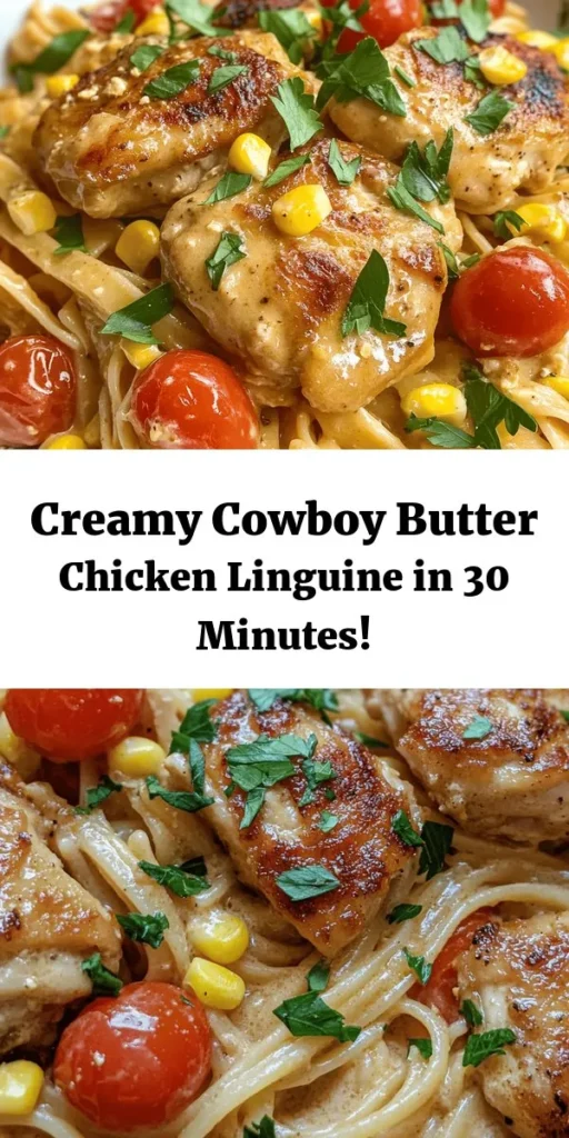Whip up a delightful dinner with this Easy Cowboy Butter Chicken Linguine! This creamy, flavorful dish combines tender chicken thighs, juicy cherry tomatoes, and sweet corn, all tossed with linguine pasta. Ready in just 30 minutes, it’s perfect for busy weeknights or a cozy weekend meal. With just the right kick from smoked paprika and cayenne, and finished with fresh parsley and a squeeze of lemon, this recipe is sure to impress!